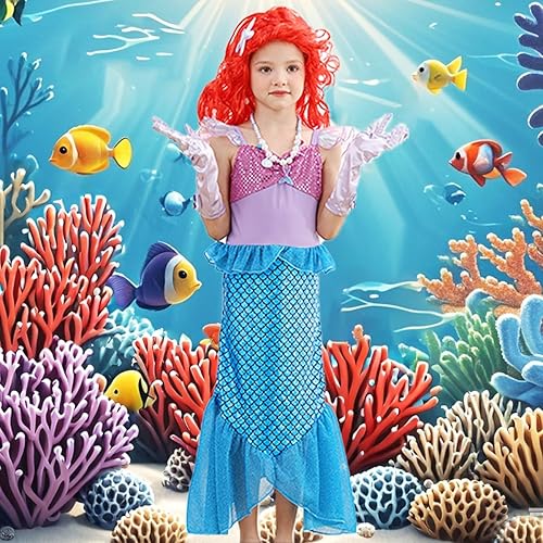 Miniatura 2 de Disfraz de sirena para niñas pequeñas, disfraz de princesa Ariel con accesorios, peluca para fiesta de cumpleaños, Halloween, cosplay