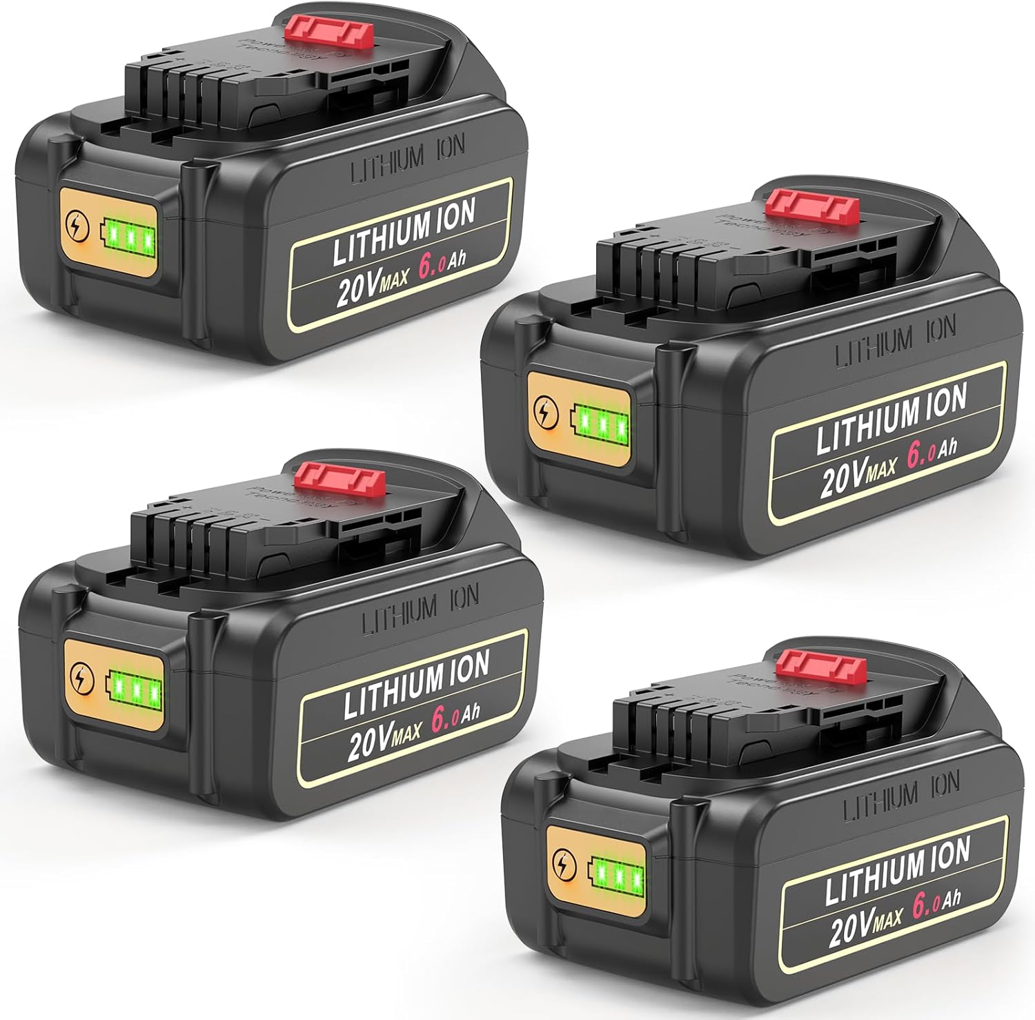 PENGJBATTER 4 Packs 20V 6000mAh High-Capacity Lithium Battery Compatible for DeWalt 20V Max Battery DCB206 DCB205 DCB207, Compatible with DeWalt 20 Volt Charger & DCD/DCF/DCG/DCS Cordless Power Tools