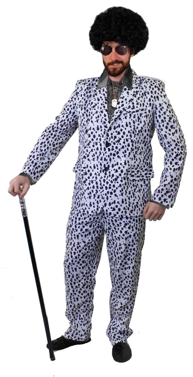 Mens Pimp Fancy Dress Costume - 70s Style Dalmatian Print Suit With Trousers, Satin Shirt With Large Collar and Cuffs, Sunglasses, Black Afro Wig and Gold Medallion (Small)