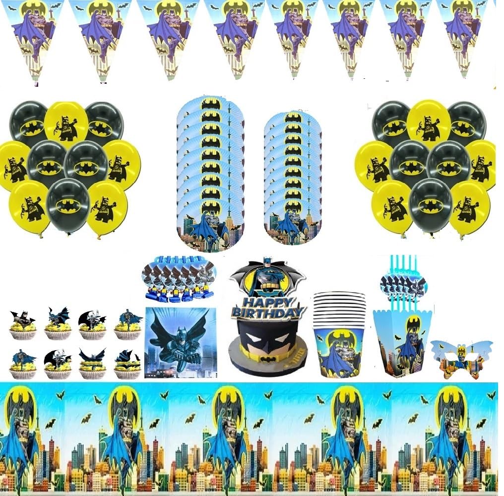 Batman Birthday Party Supplies and Decorations - Superhero Theme Set With Balloons, Cups, Plates - Serves 10 People