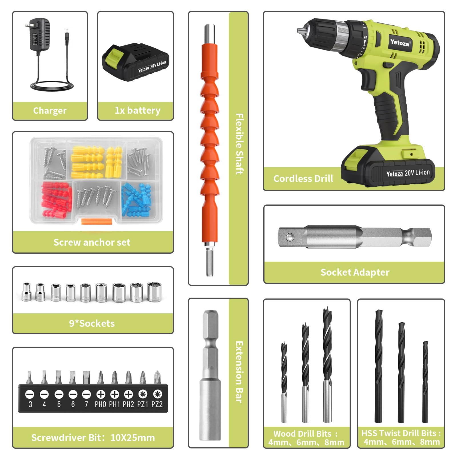 DETO×4bottles Yetoza Cordless Drill Set, 20V Lithium Ion Power Drill with