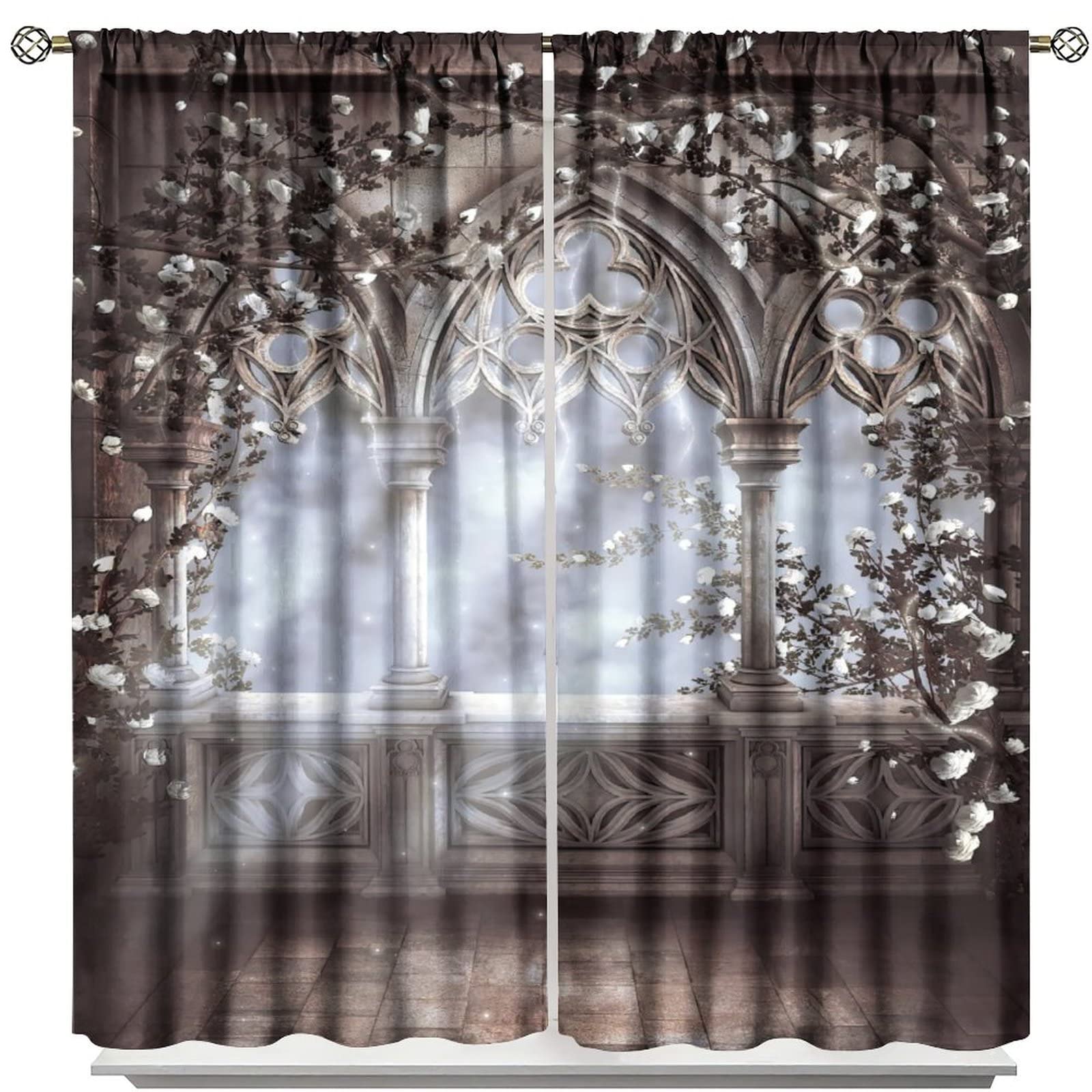 Vintage Castle Window Curtains,Gothic Style Romantic Mid-Century Decor Room Darkening Thermal Insulated Window Curtain for Living Room Bedroom W72xL63in