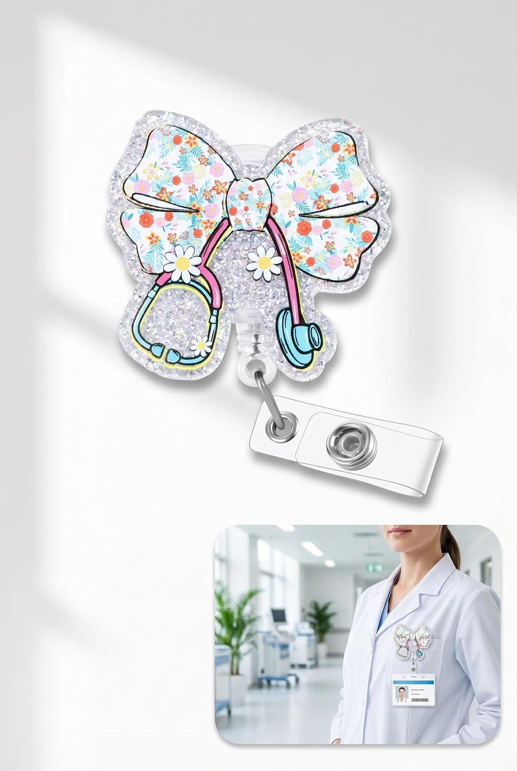Car Badge Reel, Cute Bling Flower Bow Nurse Badge Reel, Acrylic Retractable ID Badges Holder, Fun Gift for Car Decorative Accessory and Commuting Use (Blue)