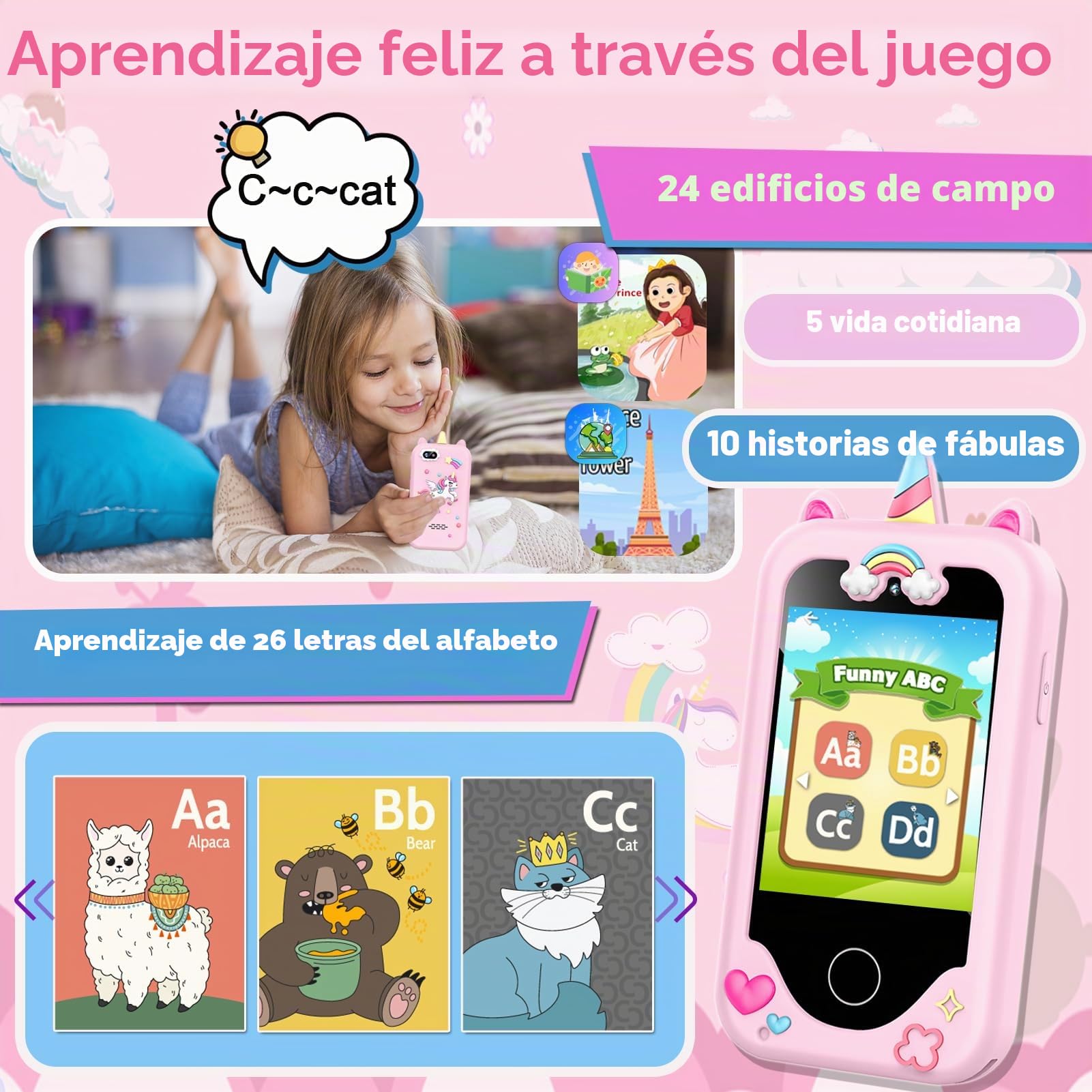 Teléfono infantil unicornio para niñas 3-10 años y cumpleaños, pantalla táctil, teléfono de aprendizaje