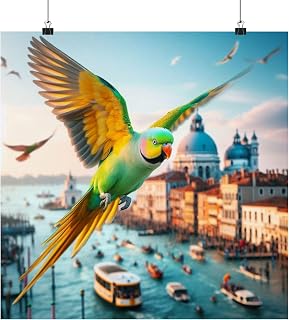 A Parakeet Flying Over Venice at Carnival - 18x18 Inch Matte Poster - Made in USA