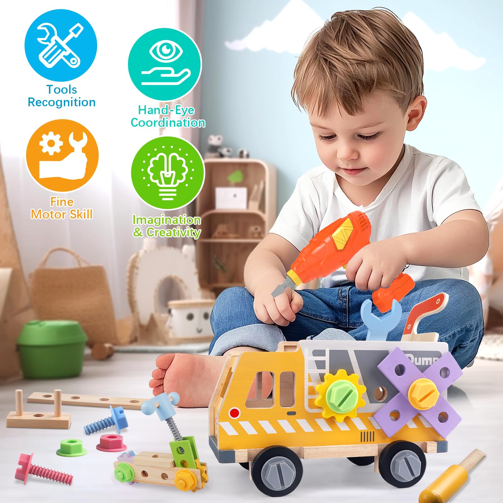 Aliex Herramientas Juguete Niños, Camión de Juegos con Taladro Eléctrico, Kit de 39 Caja Herramientas Manualidades Bricolaje Construcción Educativos Juguetes Regalo para Niños 3 4 5 Años