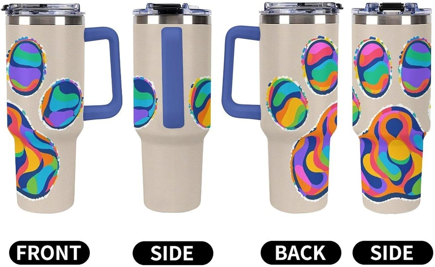 Colorful Dog Paw Print Travel Coffee Mug Reusable Durable Stainless Steel Insulated Tumbler with Handle And Straw Leak Resistant Portable Thermal Cup Gifts for Men Women 40 Oz