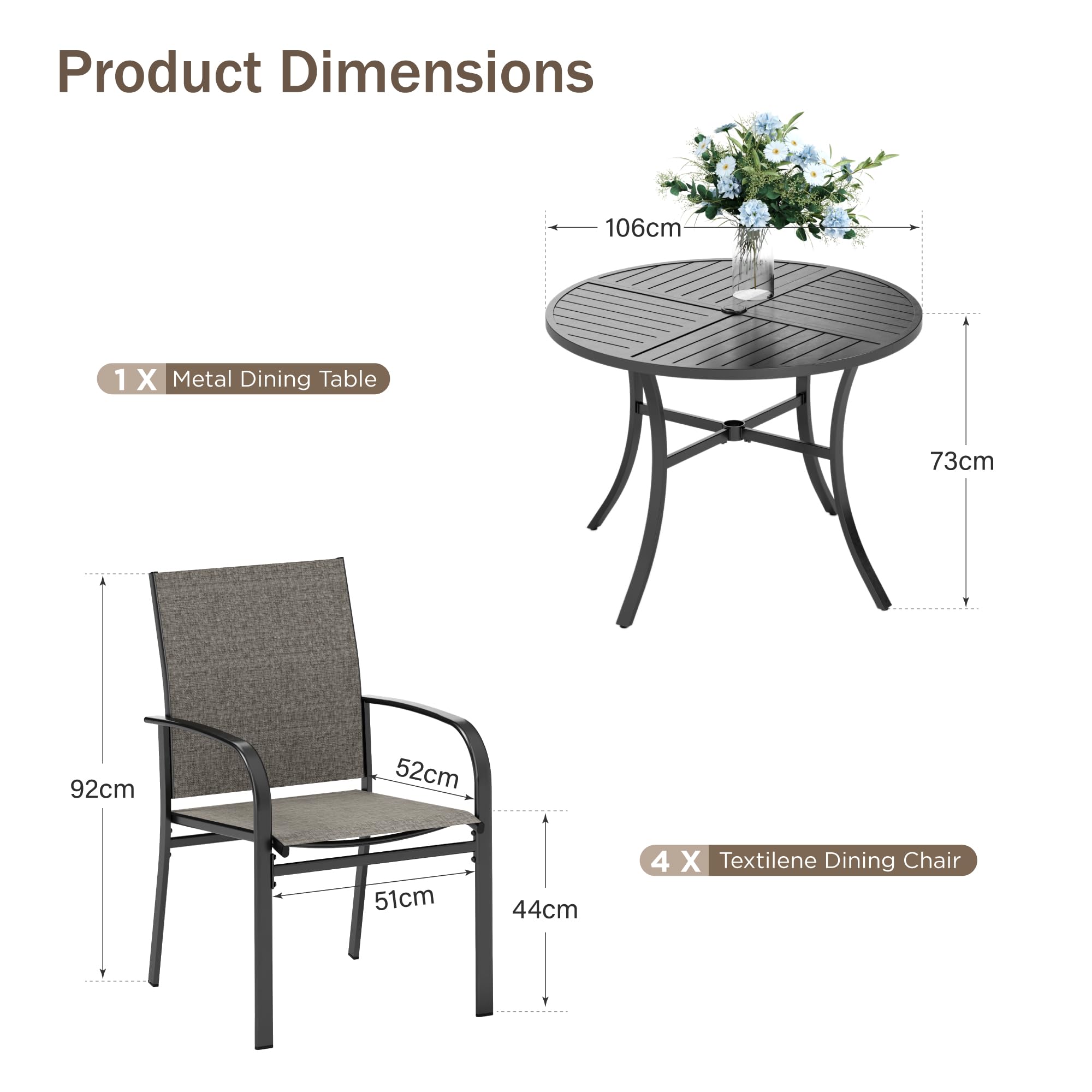 PHI VILLA 5-teiliges Gartenmöbel Set Wetterfest Runder Gartentisch und 4 Braune Textilene Stühle Terrassenmöbel Sitzgruppe Outdoor für Balkon,Deck,Hof