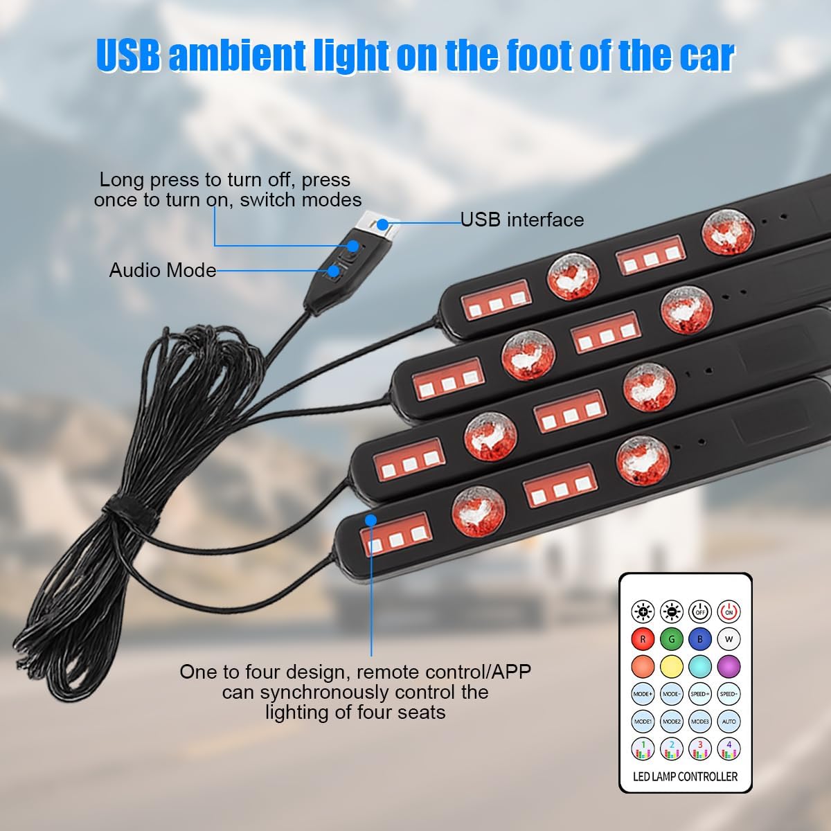 Car Interior LED Light, 4 in 1 RGB Vehicle Underdash Ambient Lighting Kit with Music Sync & APP/Remote Control, USB Port Auto Inside Footwell Decoration Lamp, Universal Fit