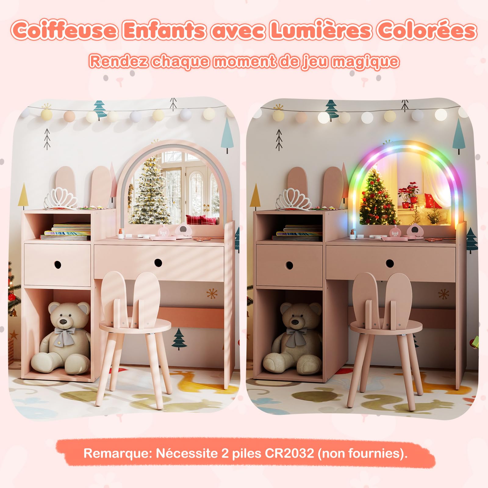 COSTWAY Coiffeuse Enfant Fille avec Chaise et Miroir Lumineux, Bureau Enfant en Forme de Lapin avec Étagères Ouvertes et Tiroirs de Rangement, pour Chambre d'enfant, Salle de Jeux, 3+ Ans (Rose)