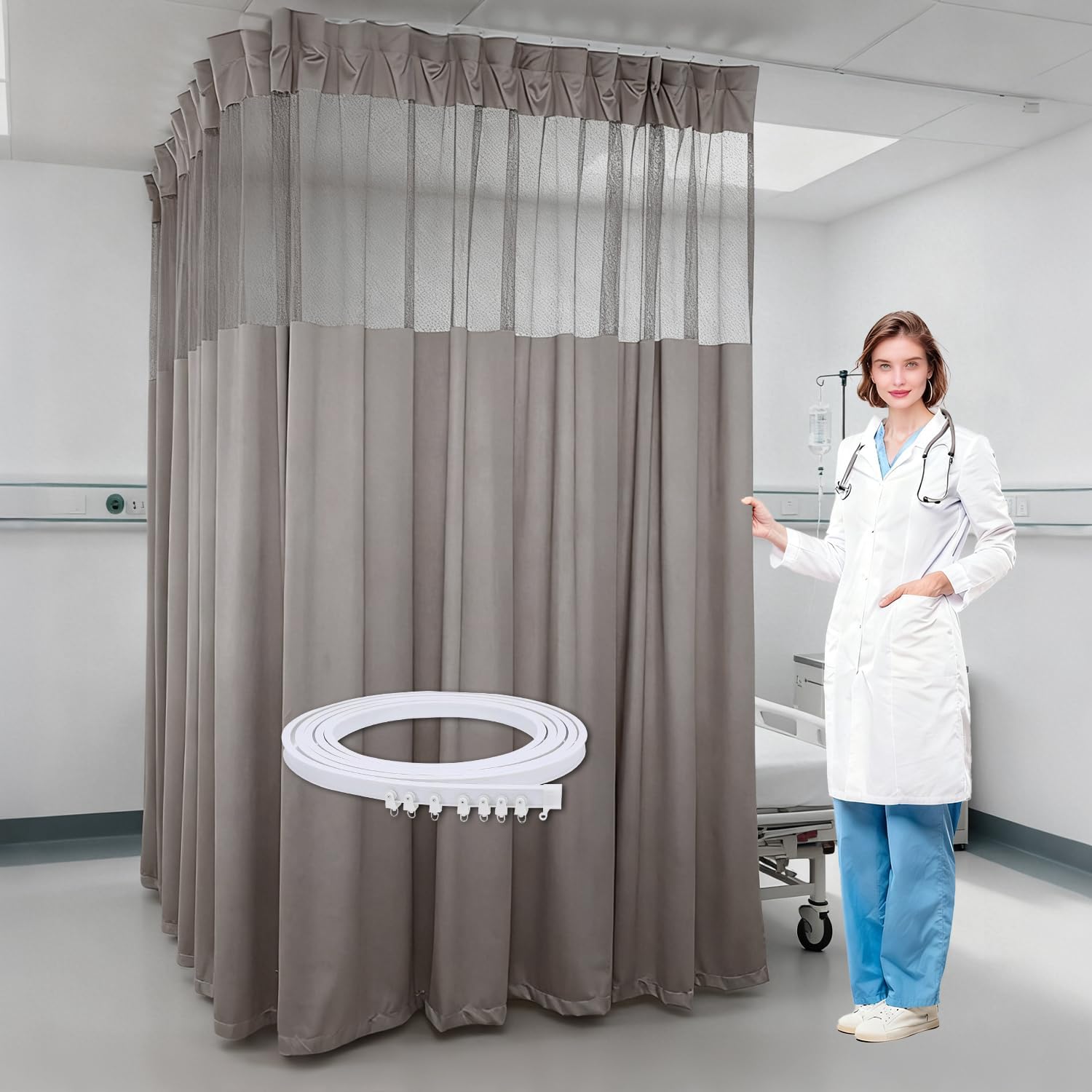 Privacy Curtains Room Divider, Ceiling Mounted Track Sets, Medical Privacy Screen with Mesh Top, Medical Blackout Curtain Flexible Tracks, for Hospital, Medical Clinic, School (16.4W×8.8L ft)