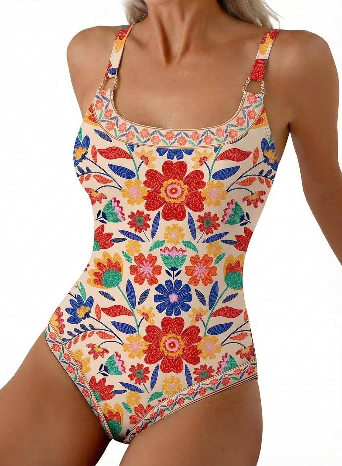 Herseas Women's Metal Ring Wide Straps One Piece Swimsuit Floral Print Tummy Control Bathing Suit
