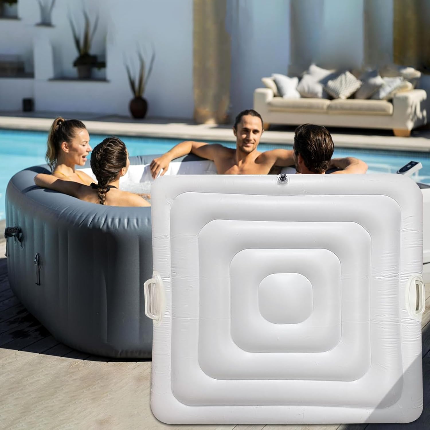 Inflatable Hot Tub Cover Energy Saving Lid for Outdoor Hot Tub,Windproof Rain-Proof Cover Protector for Hot Tubs SaluSpa Coleman Spa (Square-4.2ft-Handle)