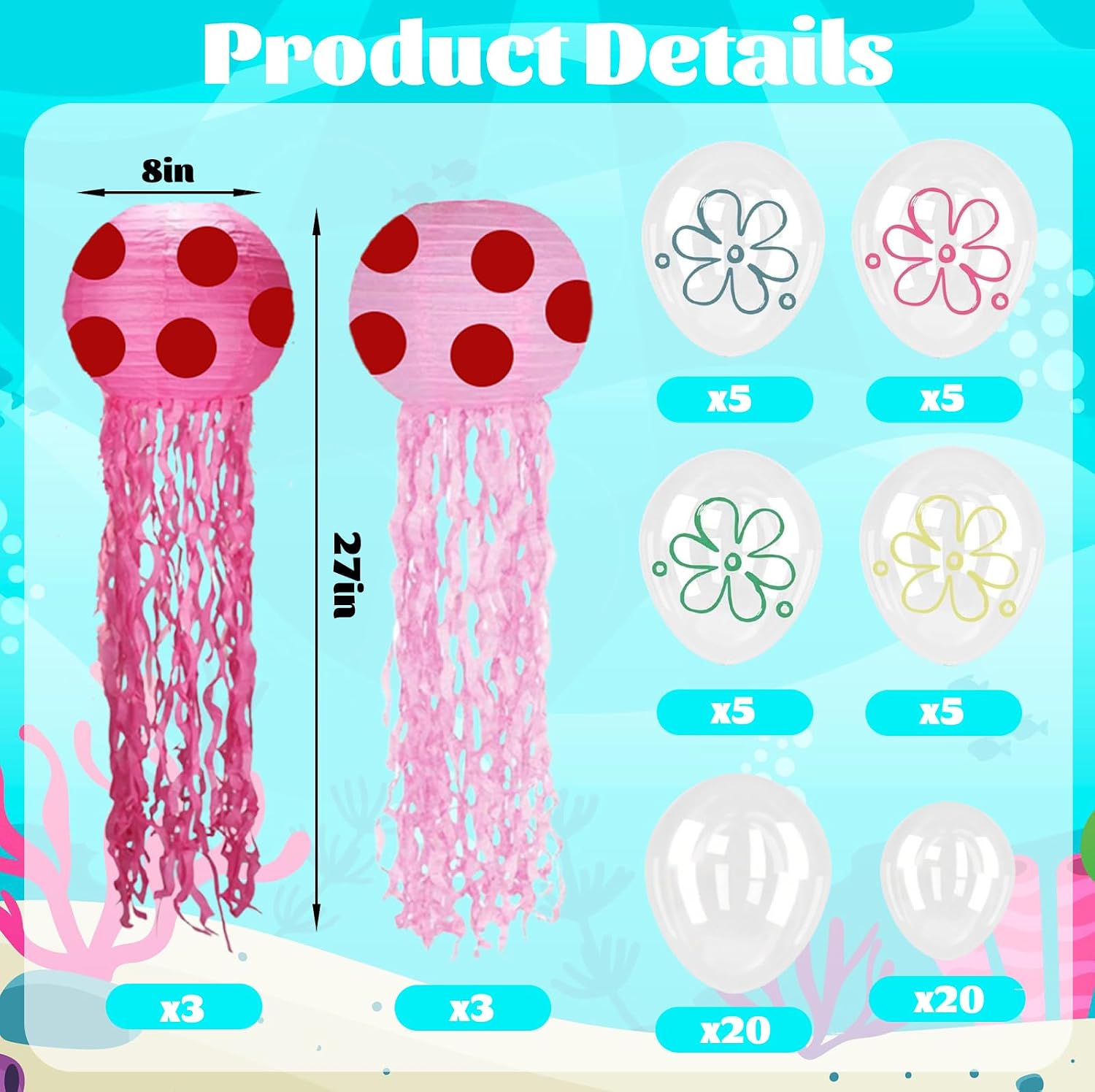 6 Set Jellyfish Party Birthday Decorations Supplies Jellyfish Hanging Decor | 8 Inch Paper Lanterns with String 60Pcs Balloons, Ocean Birthday Decorations