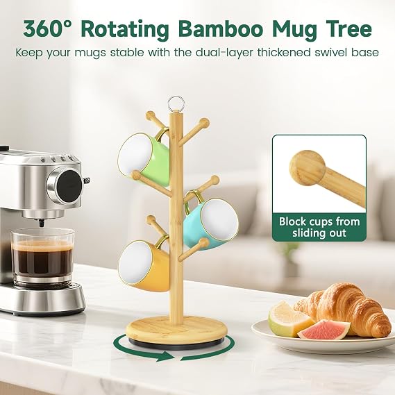 EsLuker.ly Mug Holder Tree Bamboo 360 Rotating Coffee Cup Display Rack