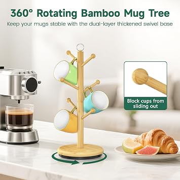 EsLuker.ly Mug Holder Tree Bamboo 360 Rotating Coffee Cup Display Rack