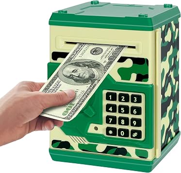 Electronic Piggy Bank, Mini ATM Password Money Bank Cash Coins Saving Box for Kids, Cartoon Safe Bank Box Perfect Toy Gifts for Boys Girls Camouflage Green