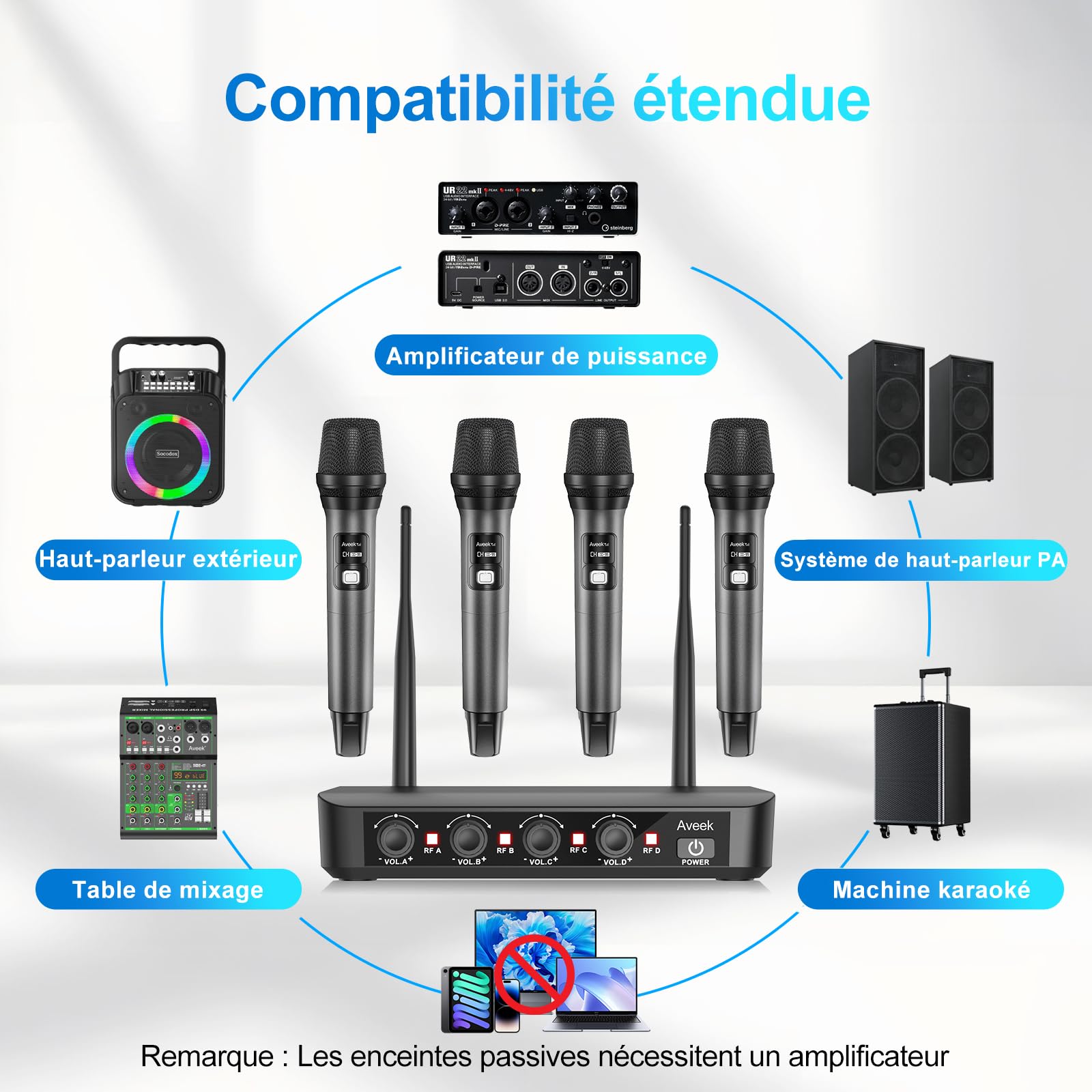 Aveek Système de microphone sans fil avec lot de 4 micros dynamiques portatifs, portée de 80 m, batterie de 40 heures, son de studio à faible latence pour karaoké, chant, discours, église, scène