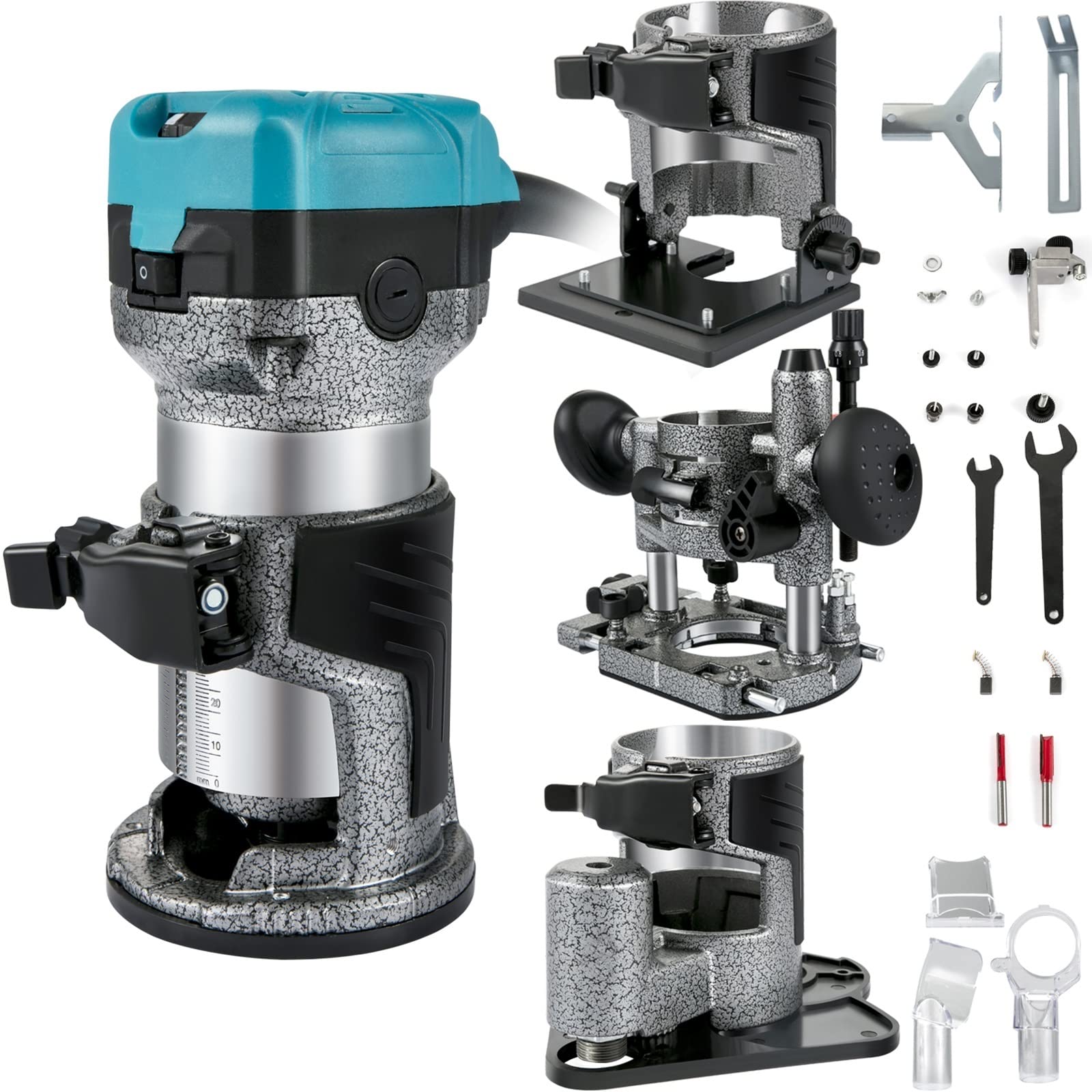 Woodworking Electric Trimmer Hand Wood Router Machine Power Carpentry Tools for Trimming Slotting Milling Grooving Carving(4 Bases-A)