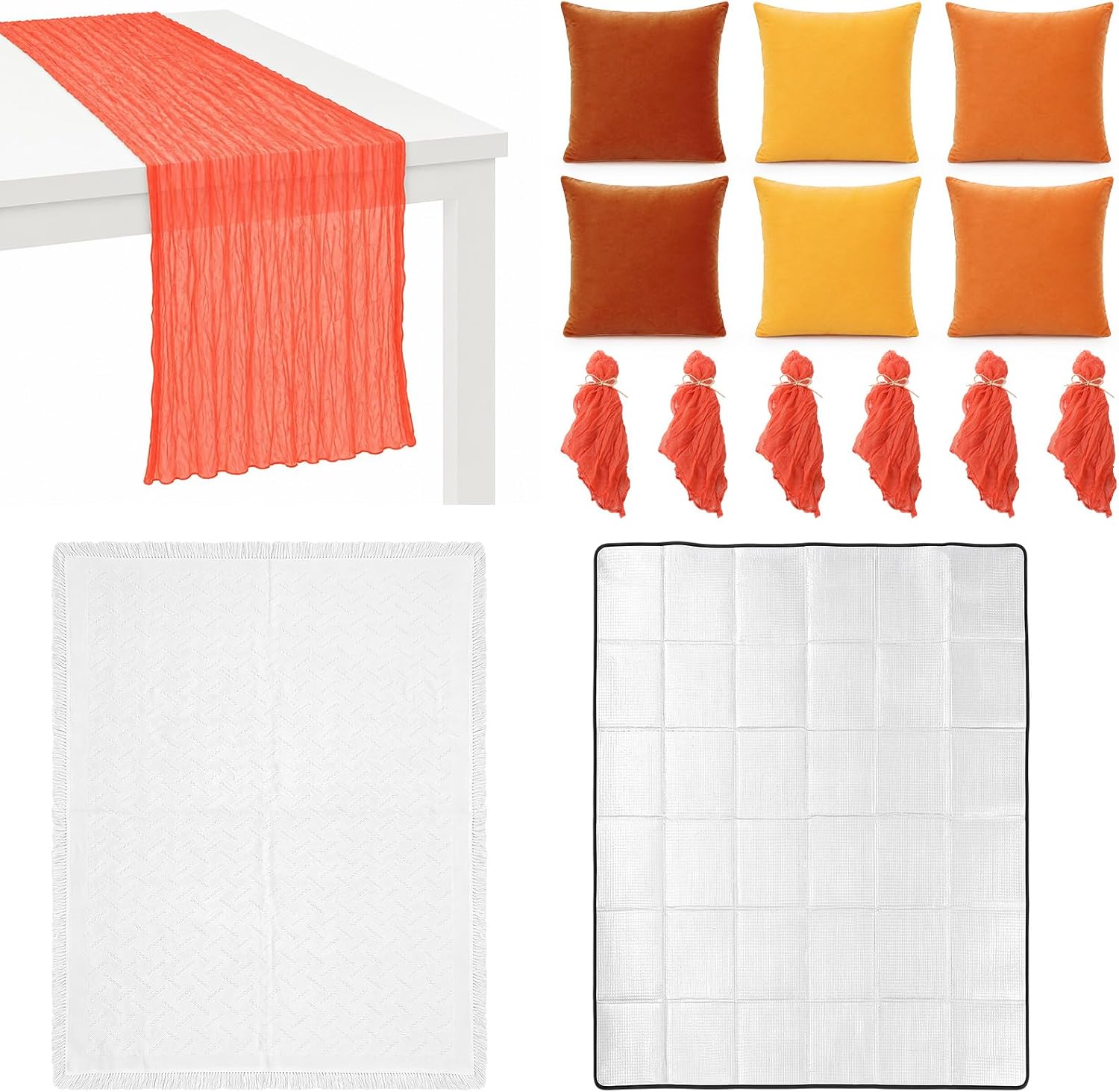 Irenare Fall Friendsgiving Picnic Set Thanksgiving Extra Large Outdoor Picnic Blanket with Waterproof Mat Autumn 6 Throw Pillow Covers 6 Napkins Woven Cotton Yarn 2 Table Runner 1 Table Cloth