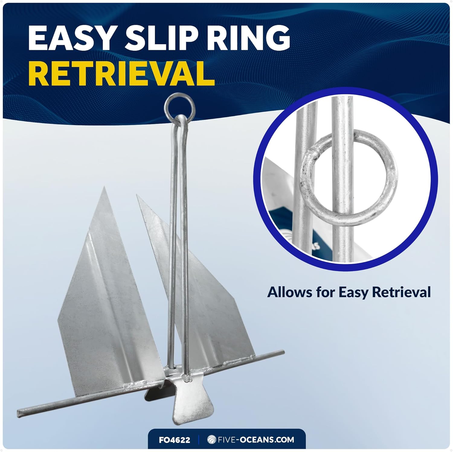 Five Oceans Fluke Boat Anchor, Galvanized Steel, Slip Ring, Heavy-Duty Boat Anchors for Kayak, Dinghy, Paddleboard, Canoe, Personal Watercraft - Multiple Sizes