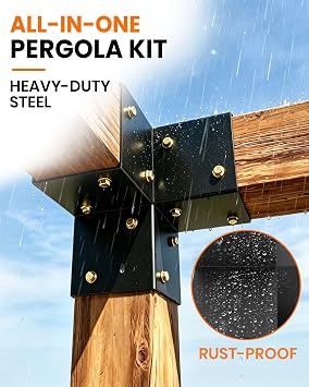 Pergola Bracket Kit 4x4 (Actual 3.6 x 3.6 in), 3-Way Corner & 4-Way Center Brackets with Post Base Set, Heavy Duty 2mm Steel Hardware with Hooks for Patio, Gazebo & Backyard Build