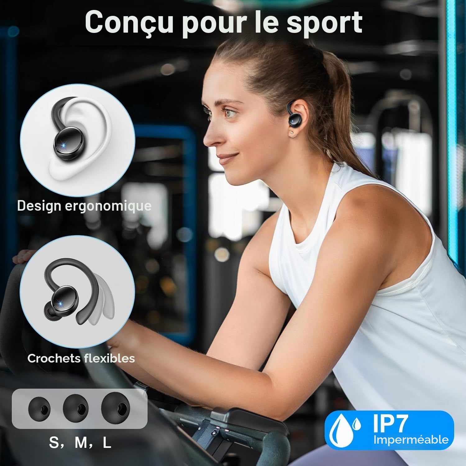 Ecouteurs Bluetooth sans Fil Sport, 2026 Écouteur Bluetooth 5.4 avec HiFi Stéréo, 50H Écouteur Bluetooth 4 ENC Réduction Bruit Mic, Écran LED Casque pour Running, IP7 Étanche Oreillette Bluetooth