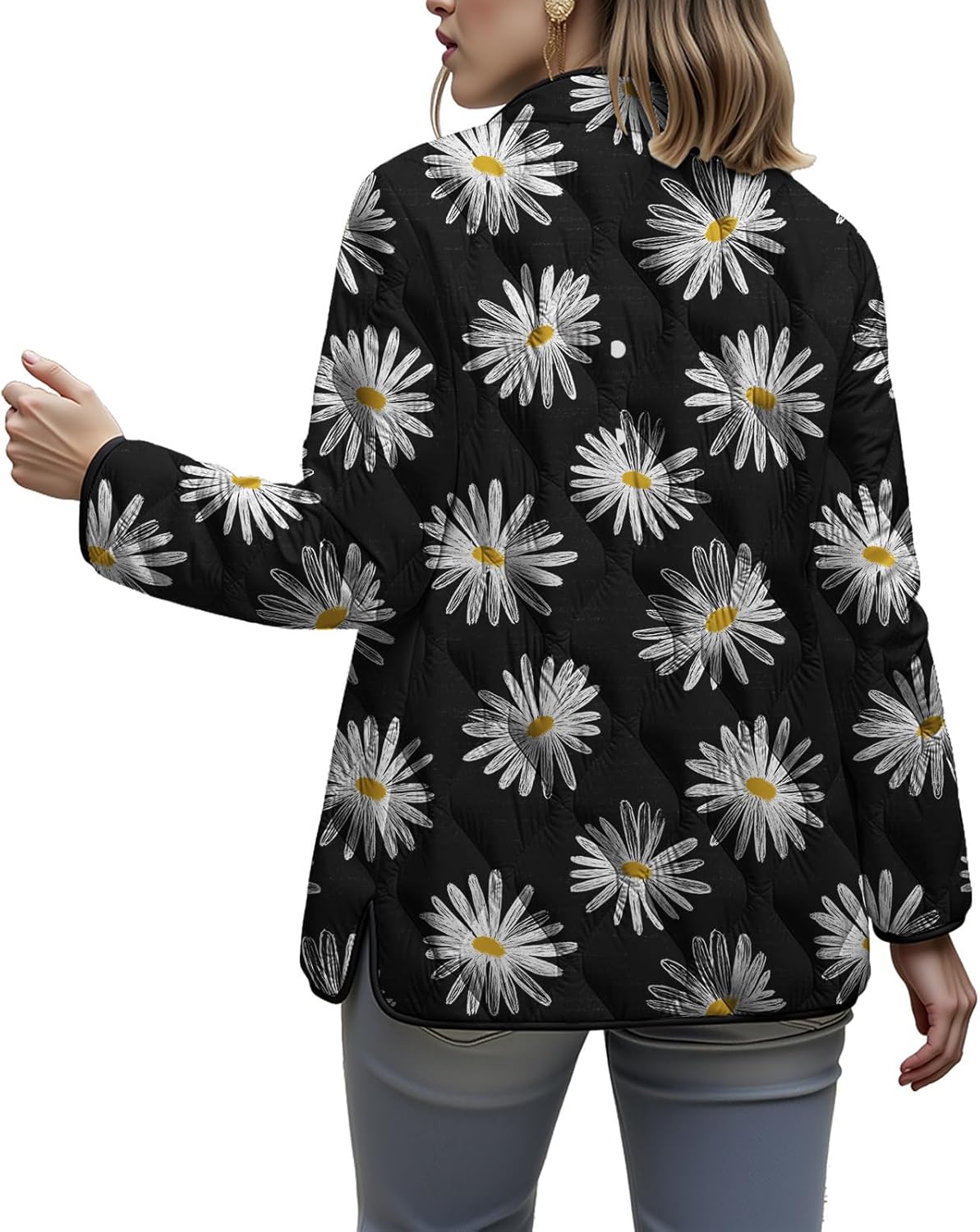 Quilted Jackets for Women Lightweight Button Down Puffer Jacket Trendy Daisy Print Fall Winter Coat with Pockets - Image 4