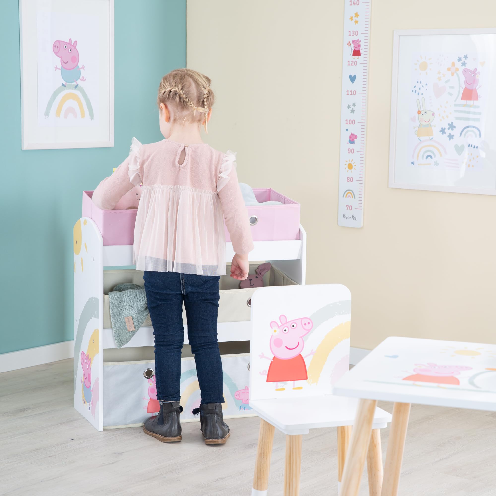 roba Estantería de Juguetes Infantil de Madera Peppa Pig - 5 Cajas de Tela Desmontables - Diseño de Cerda - Mueble de Almacenamiento para Juguetes y Libros - Rosa/Gris
