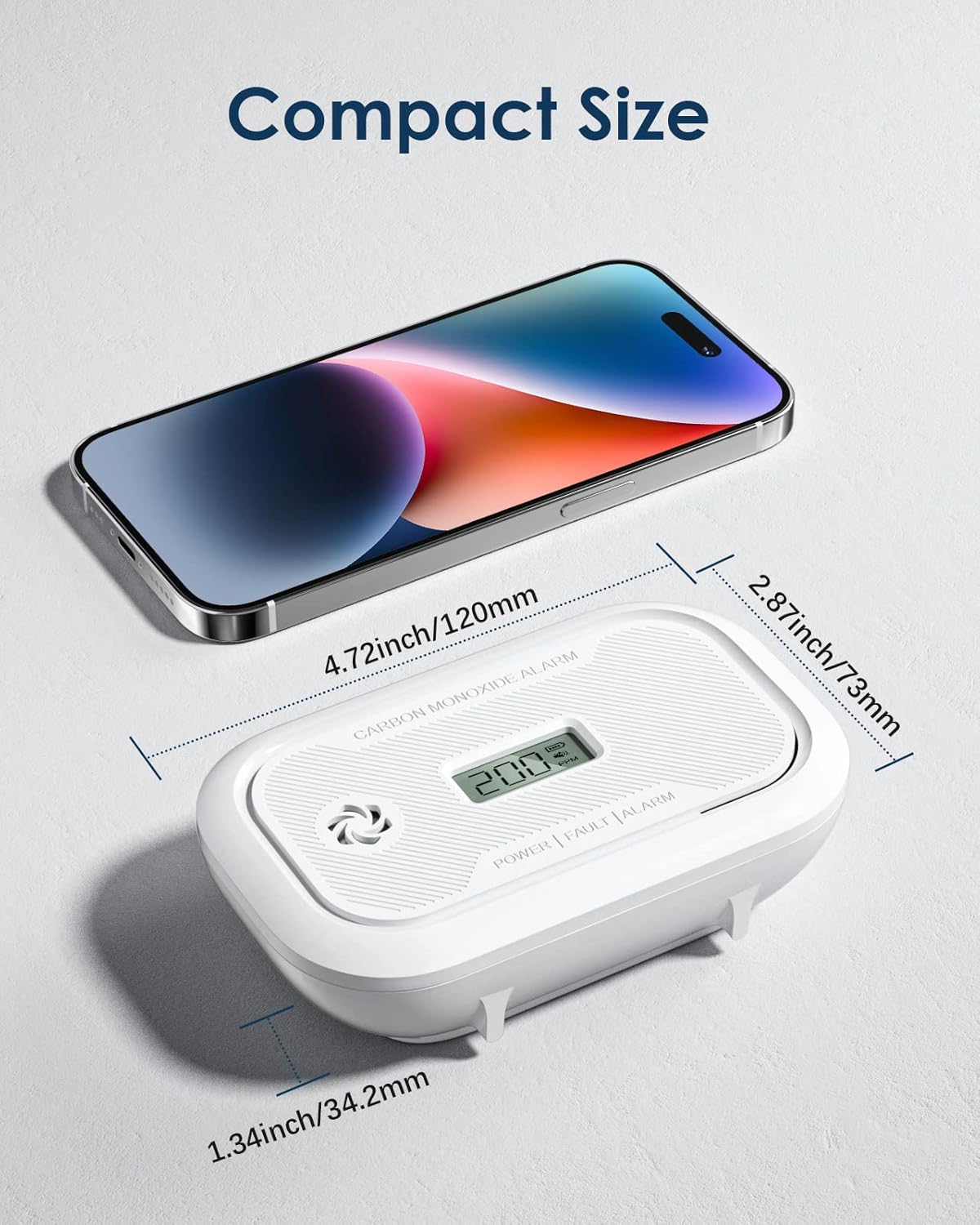 Ecoey Carbon Monoxide Detector next to a smartphone for size comparison
