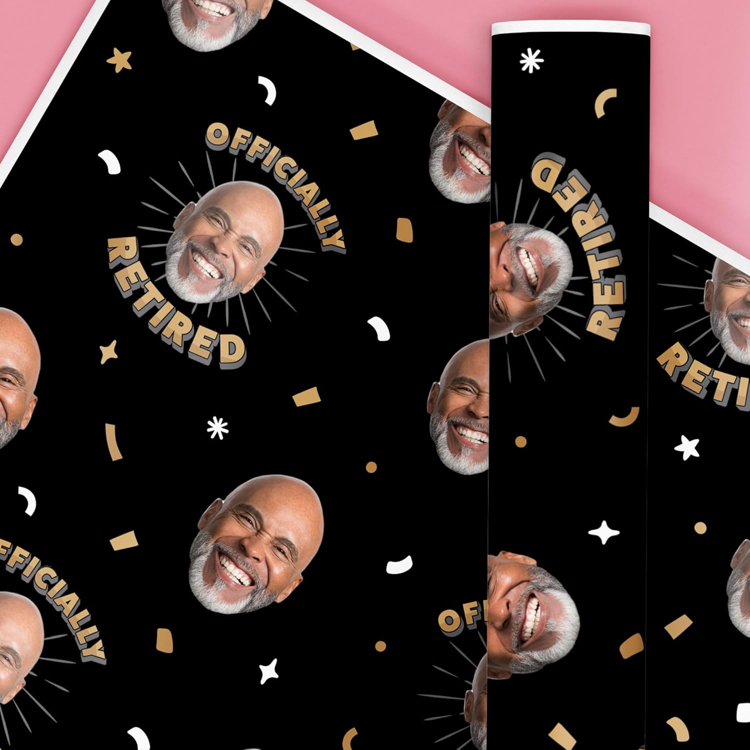 Big Dot of Happiness Custom Photo Retirement Wrapping Paper Roll, Black & Gold Retirement Party Decor, Personalized Fun Face Retired Gift Wrap, 24 in x 7 feet, 1 Roll