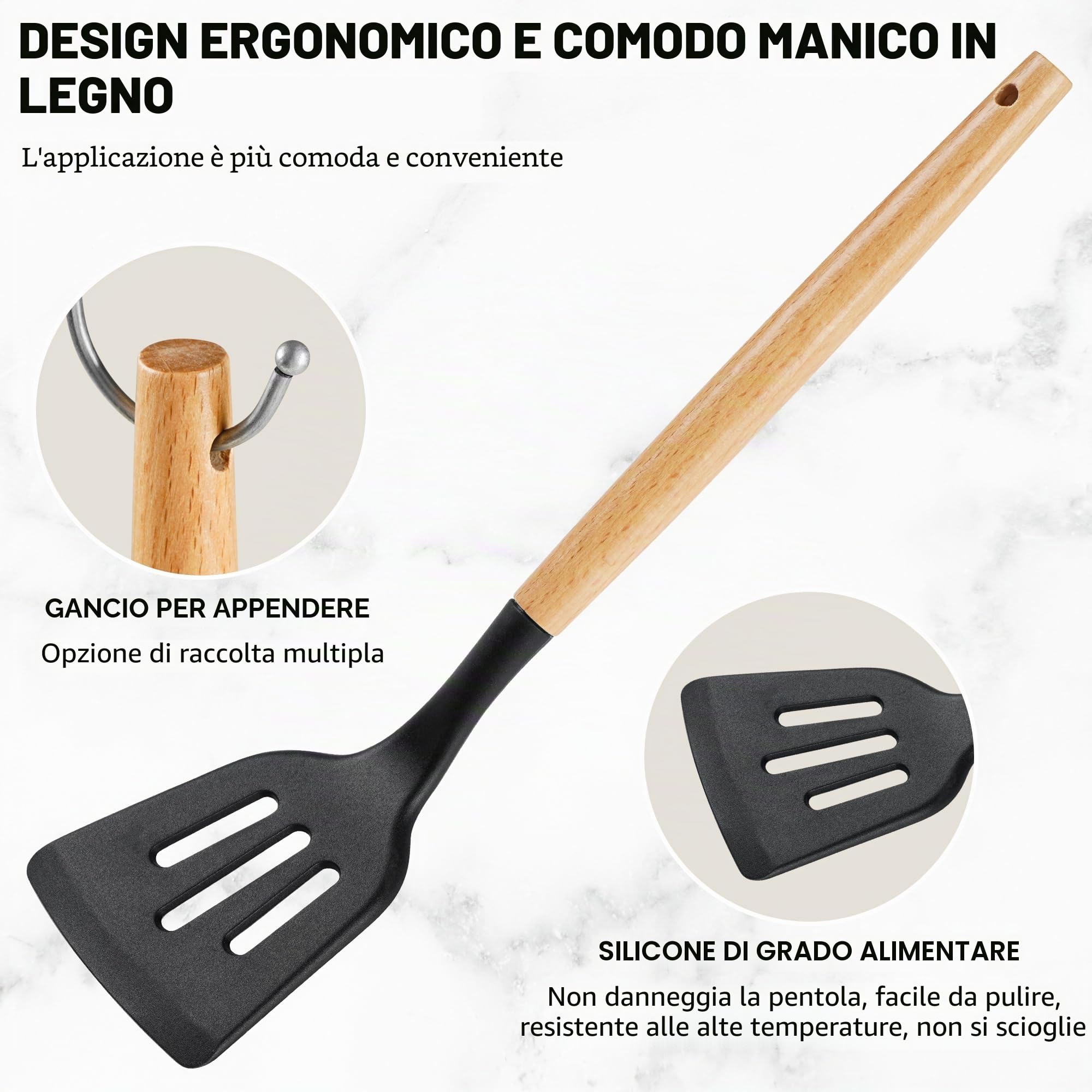 Vortix 19 Pezzi Set Utensili Cucina Silicone, Set Coltelli da Cucina con Porta Utensili, Mestoli Cucina Silicone con Manico in Legno, Nero