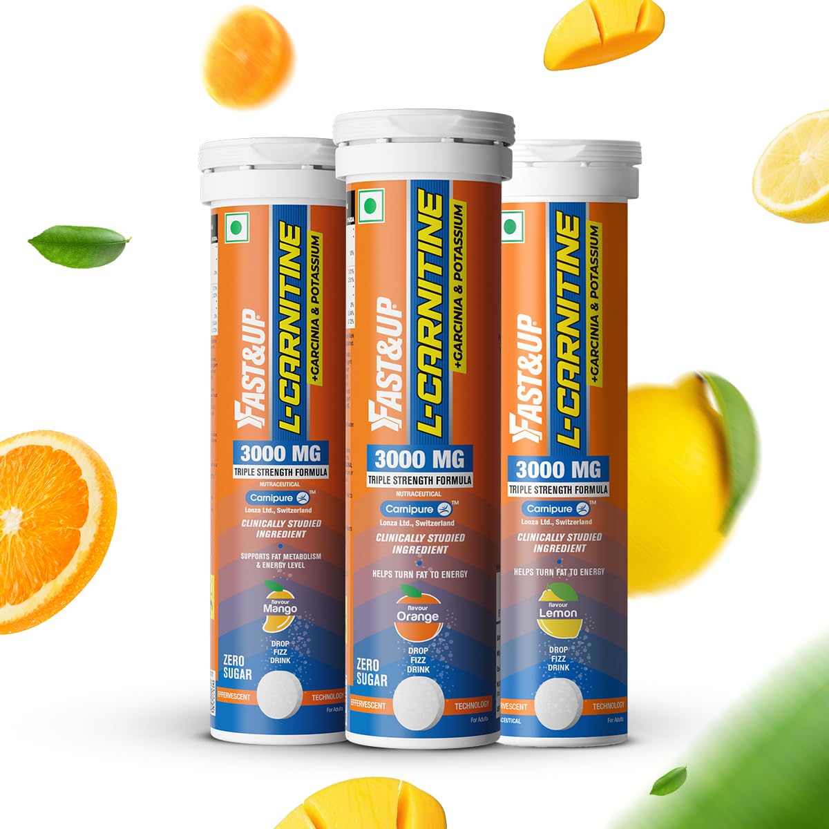 FAST&UP L-CARNITINE 3000 MG - Helps convert fat into energy, ADVANCED TRIPLE ACTION FORMULA, Carnipure™ Carnitine with added Garcinia cambogia and Potassium, Mango, Orange & Lime Lemon, Pack of 3