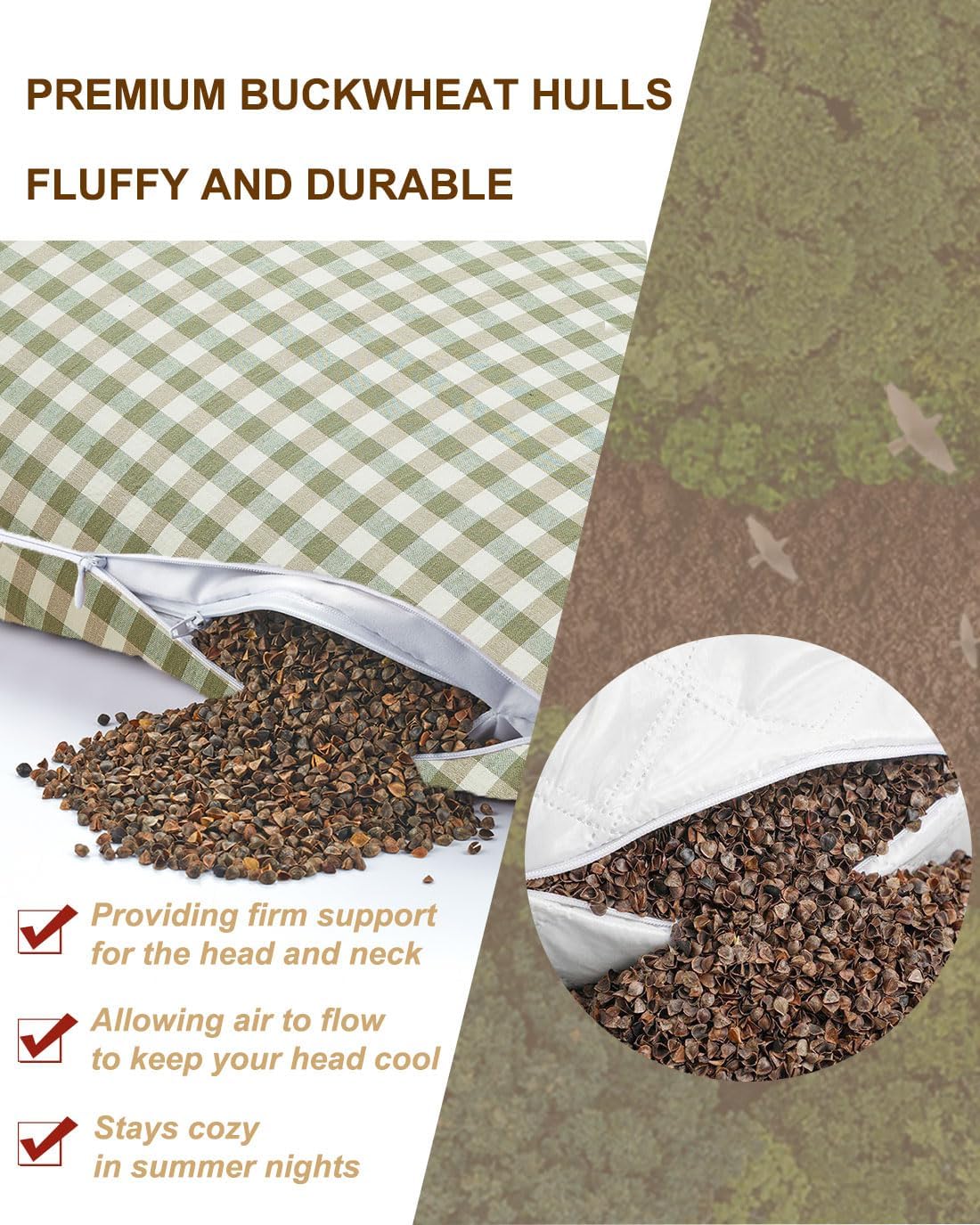 Buckwheat Hull Pillow for Sleeping, Rectangle Buckwheat Neck Pillow, Cooling Support Customizable Height with Removable Cover, Firm Comfort for Spinal Alignment, 23 * 13 Inch (Green)