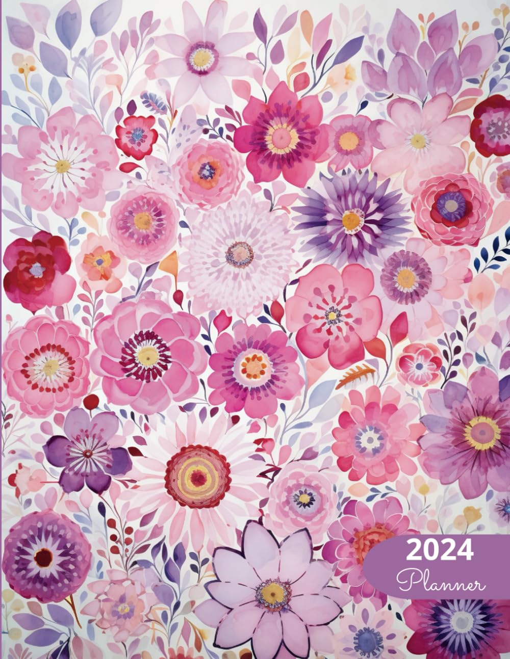 Agenda 2024 semainier et mensuel fleurs aquarelle rose et violet pour l'organisation