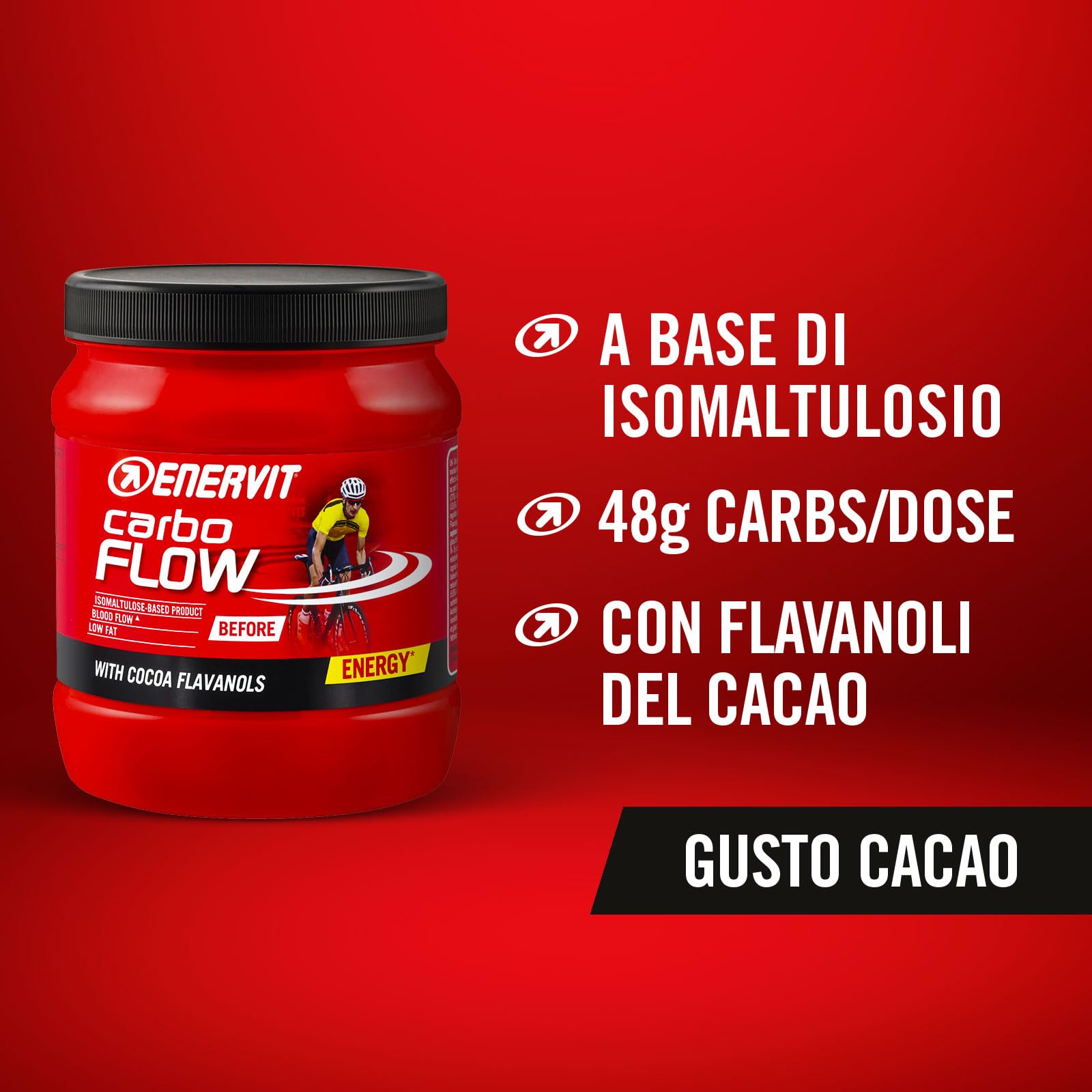 Enervit Carbo Flow Integratore Energetico Pre-Gara o Allenamento Intenso, con Isomaltulosio e Flavanoli del Cacao per Favorire una Performance Sportiva Ottimale, Vegan, Barattolo da 400g