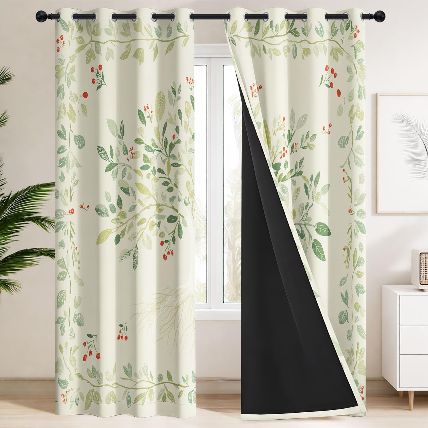 Generisch Lebensbaum Rankenblätter Vorhänge mit Ösen Gardinen Blackout Curtain Landhaus Rustikal Thermo Vorhang Weich Schlafzimmer Wohnzimmer Verdunklungsvorhänge 2er Set B 110 x H 215 cm