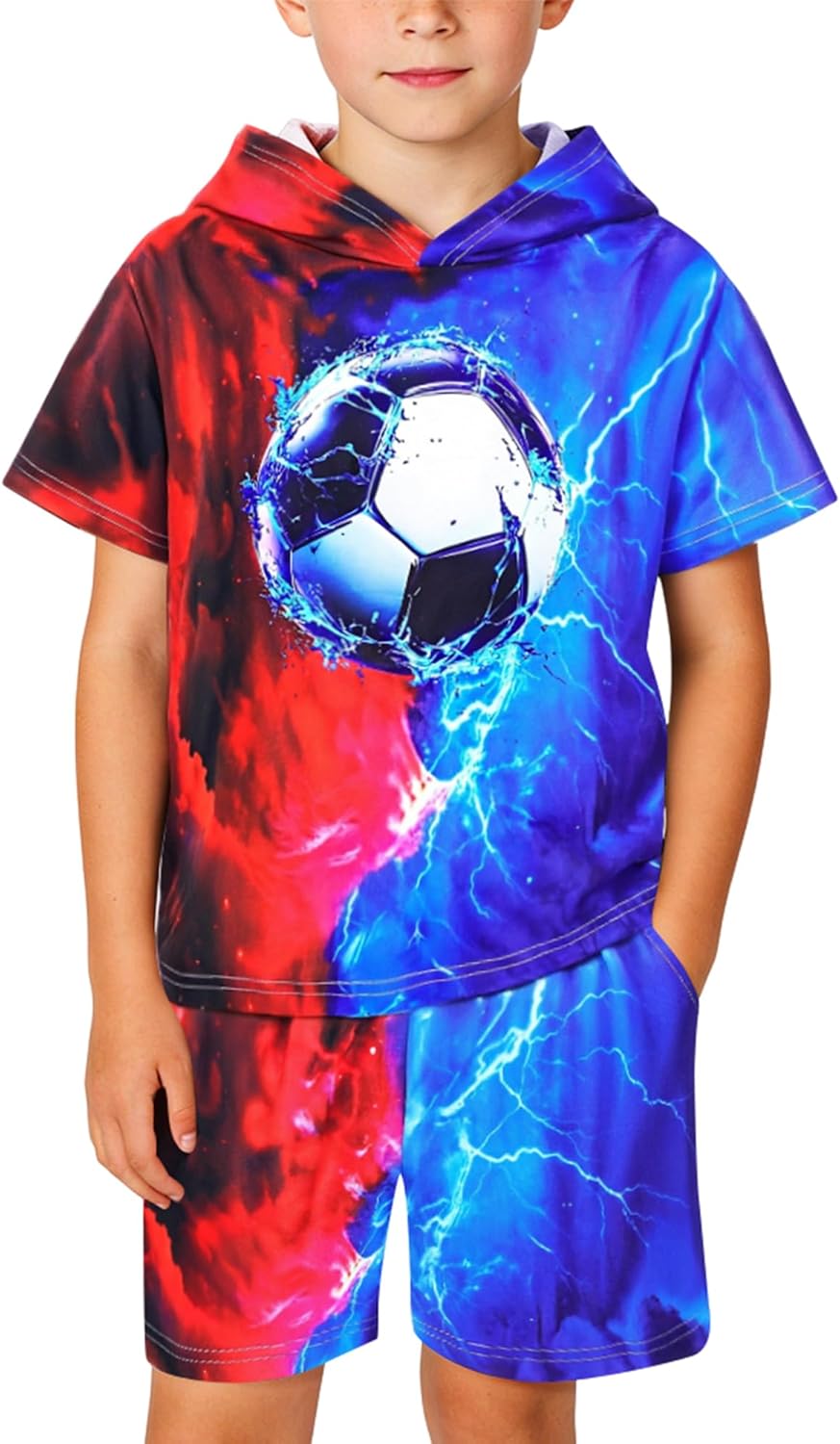 Boys 2Pcs Summer Clothes 3D Printing Short Sleeve Hooded T-Shirt and Shorts Outfit ...