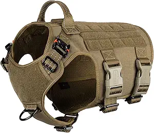 ICEFANG GN5 Tactical Dog Harness ,Hook and Loop Panels,Walking Training Work Dog MOLLE Vest with Handle,No Pulling Front Leash Clip,6 x Buckle (Medium (Pack of 1), Reflective Brown)