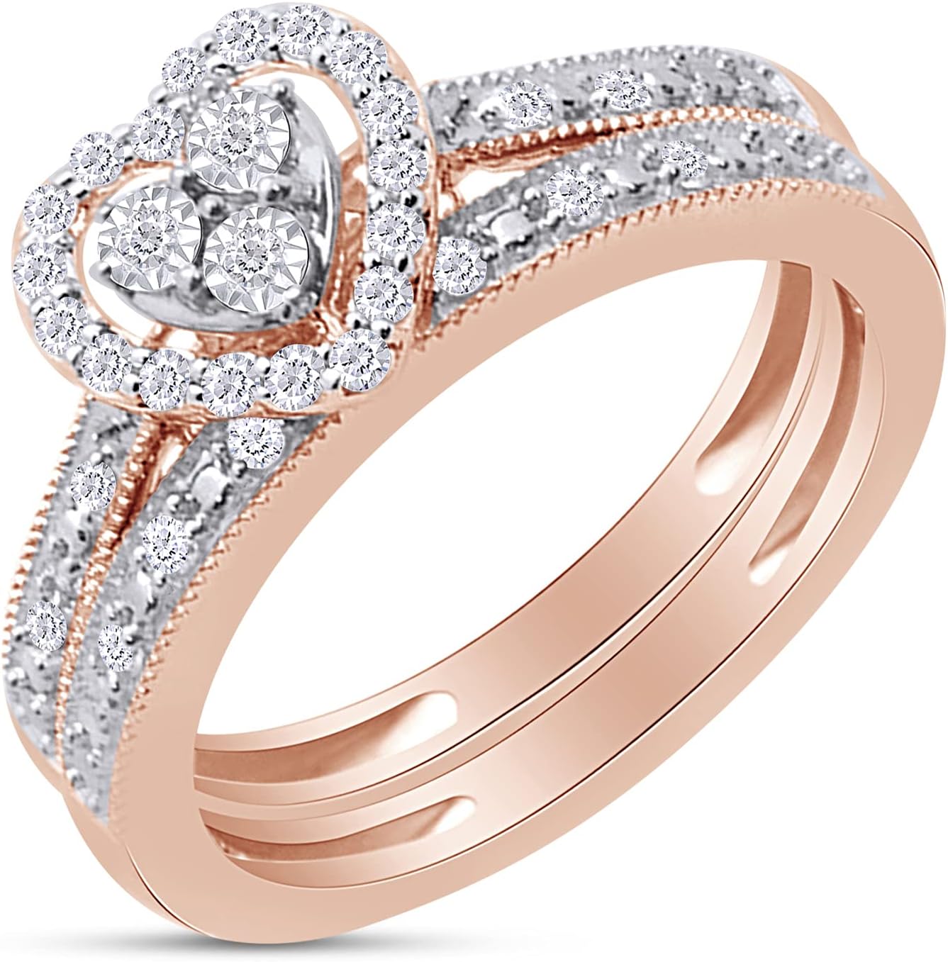 AFFY 1/4 Carat Miracle Set Round White Natural Diamond Heart Promise Engagement Bridal Set Ring For Women In 14K Gold Over Sterling Silver (Clarity I2-I3, Color : I-J, 0.25 Cttw)