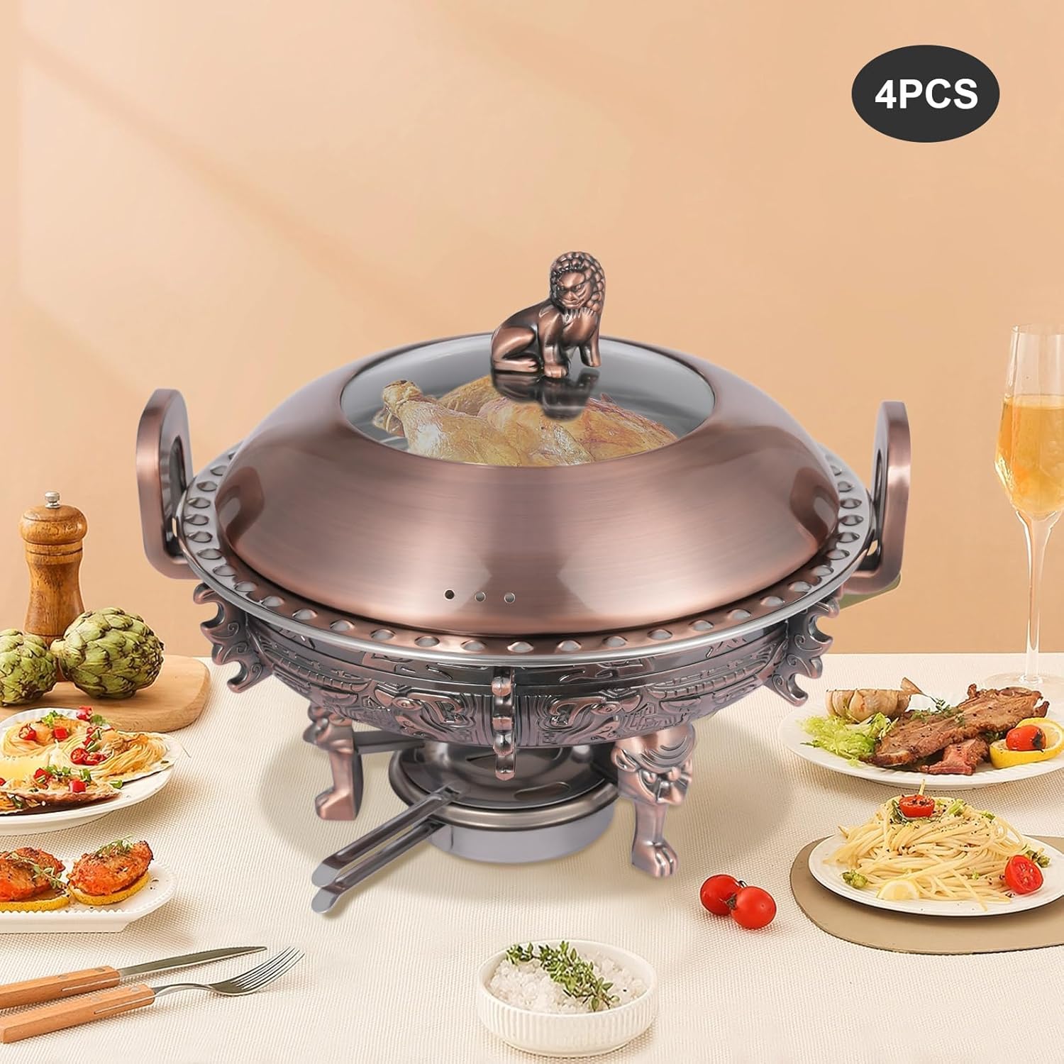 4Pack Chafing Dish Buffet Set, Round Stainless Steel Buffet Servers w/Lid, Buffet Warmers Sets with Round Chafing Dishes (not Included Igniter and Fuel) for Catering, Events and Parties (Red Copper)