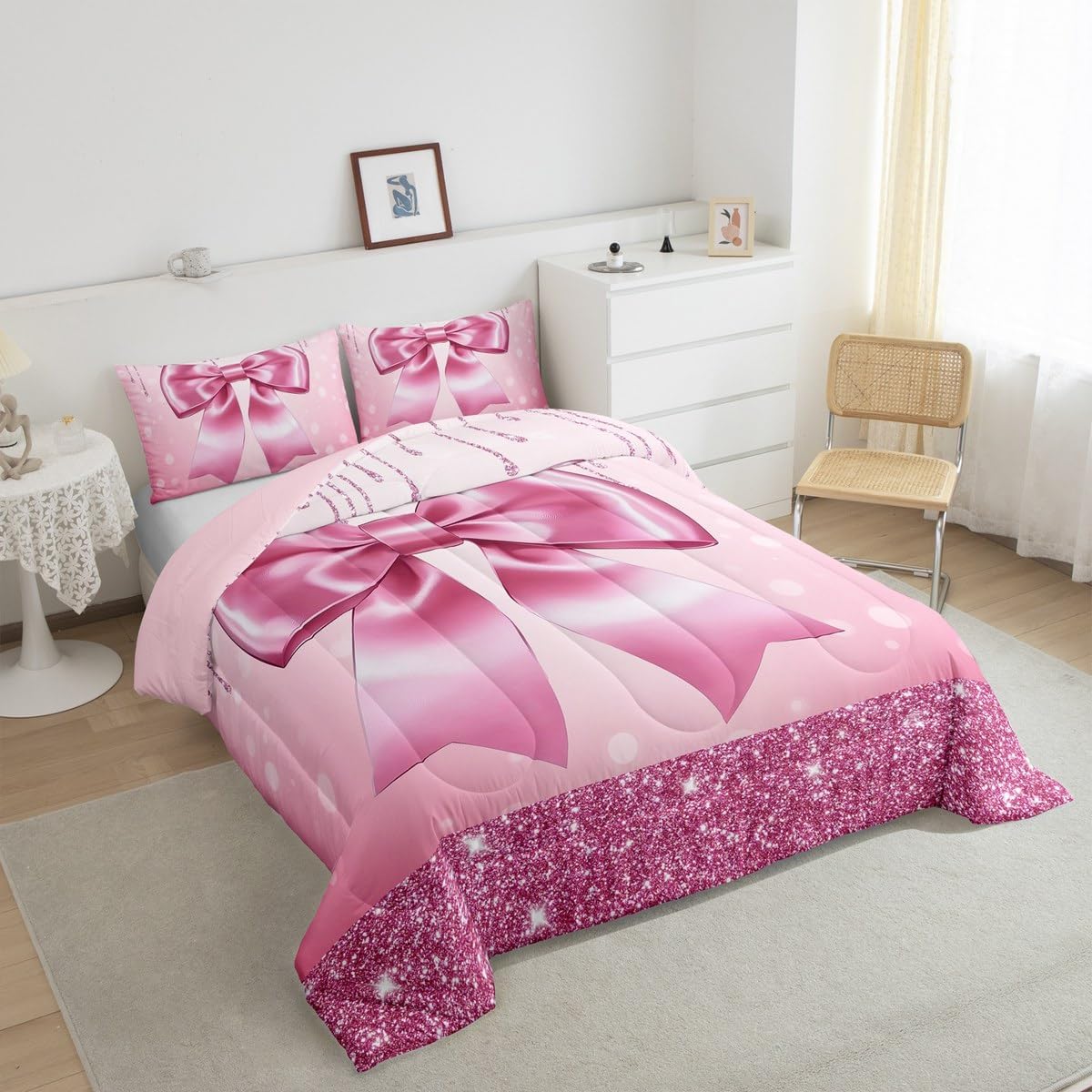 Erosebridal Kids Pink Bow Queen Comforter Set Teen Girl Coquette Bow Bedding Set Trendy Modern Fashion Preppy Bed Sets Gorgeous Glitter Bowknot Quilt Duvet Insert for Women