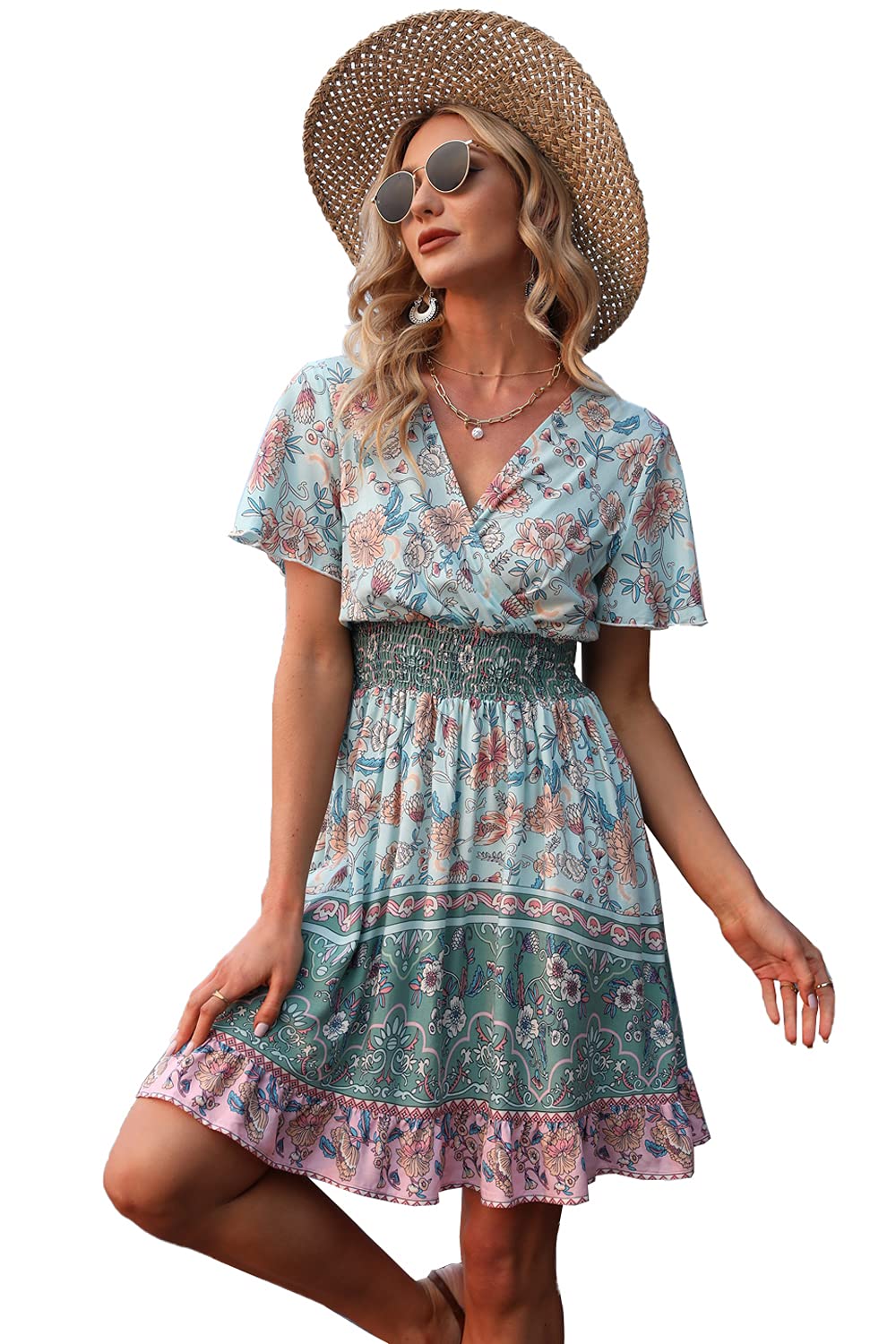 Mini robe péplum romantique verte à fleurs style bohème taille S - 8