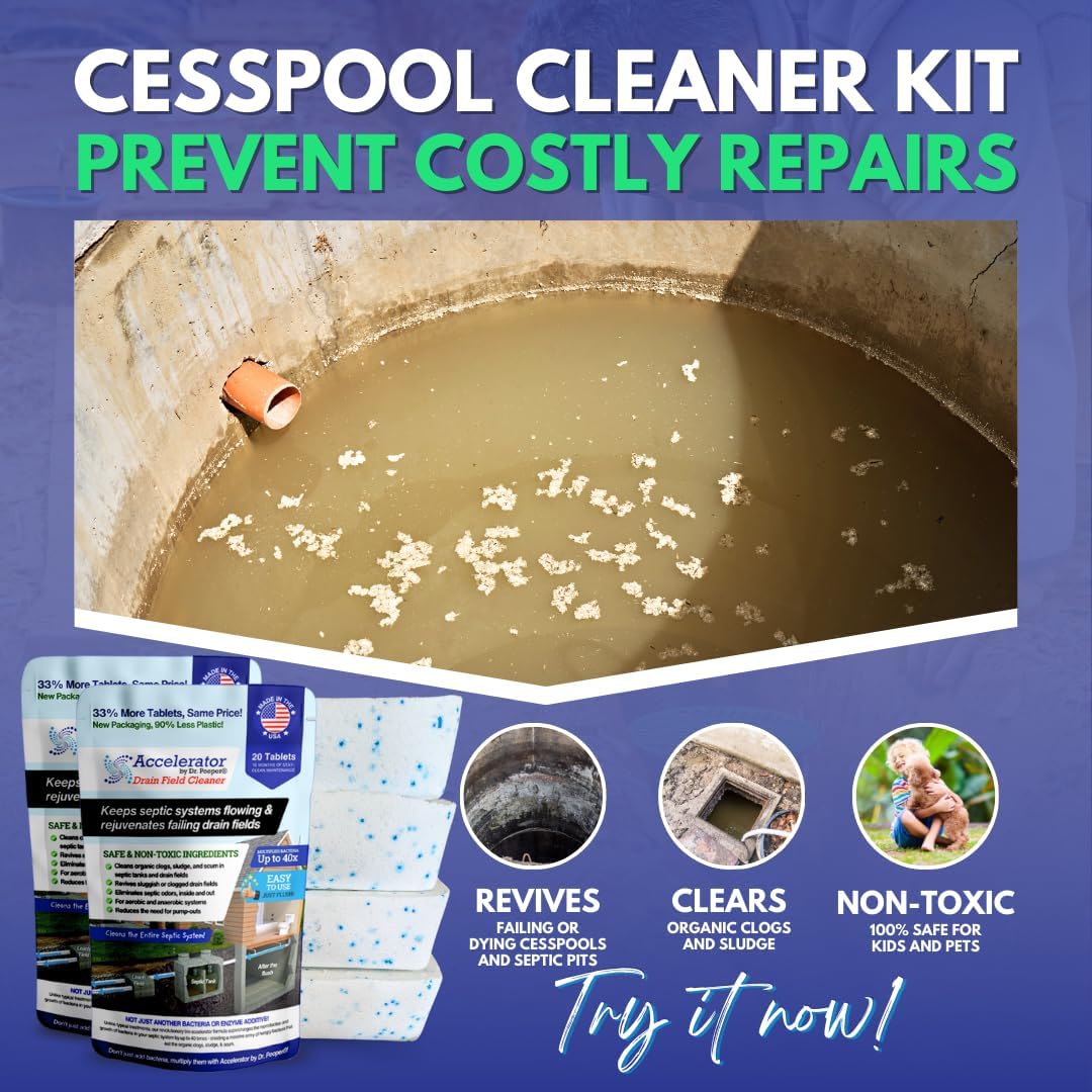 Cesspool & Septic Cleaner Kit by Accelerator by Dr. Pooper® - Commercial-strength bio-accelerator to get cesspools draining and flowing properly and keep them working | Made in USA | Safe & Non-Toxic