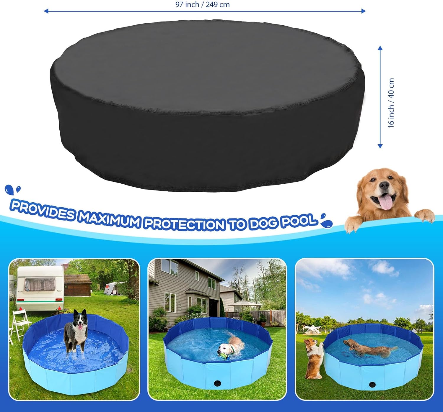 Tufmunb 97 inch Foldable Dog Pet Bath Pool Cover, Portable Round Collapsible Pool Cover with Oxford Cloth Material and Drawstring Design for Dog Pet Pool, Waterproof and Dustproof (Black)
