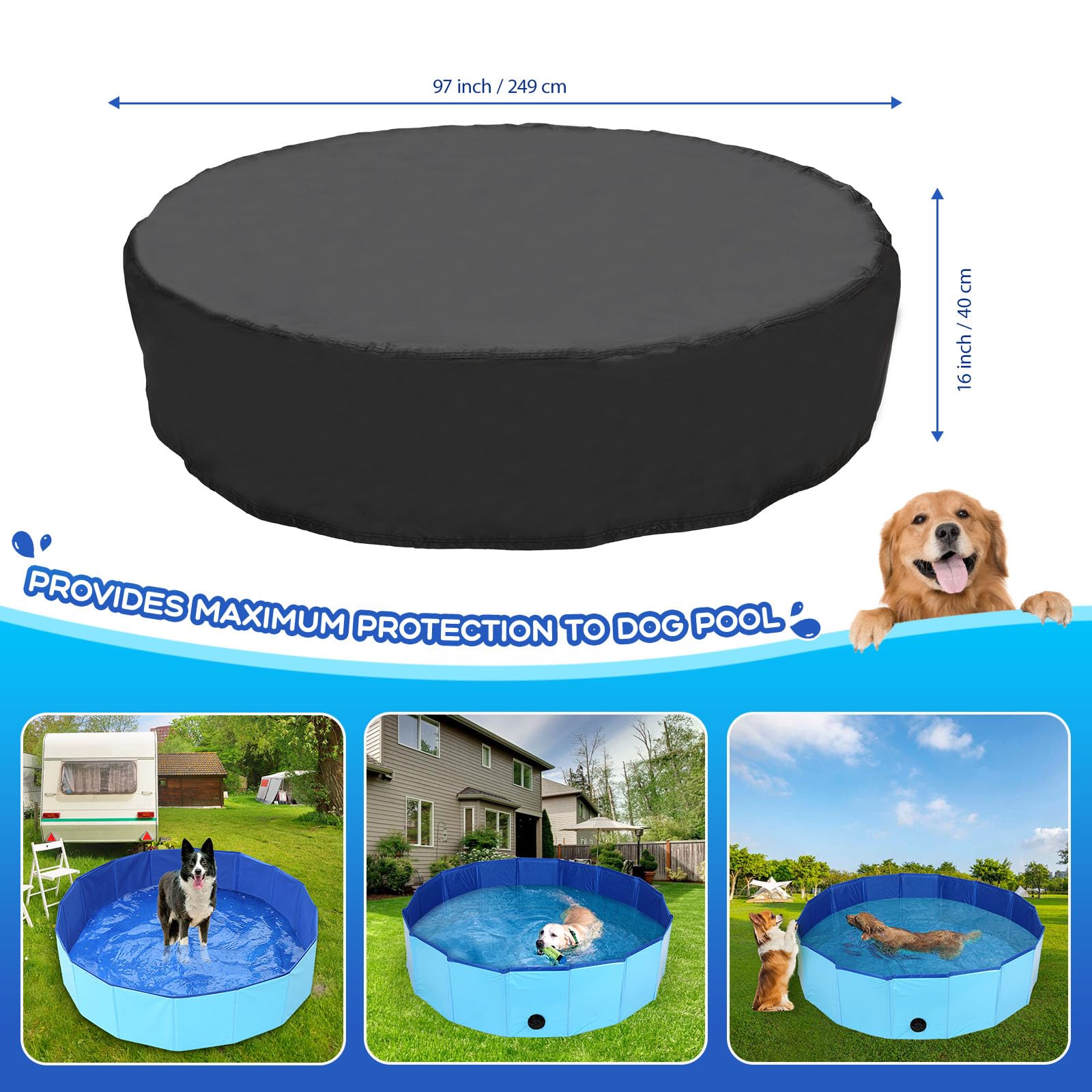 Tufmunb Cubierta de piscina plegable para perros y mascotas, cubierta de piscina plegable redonda portátil con material de tela Oxford y diseño de cordón para piscina de mascotas, impermeable y a