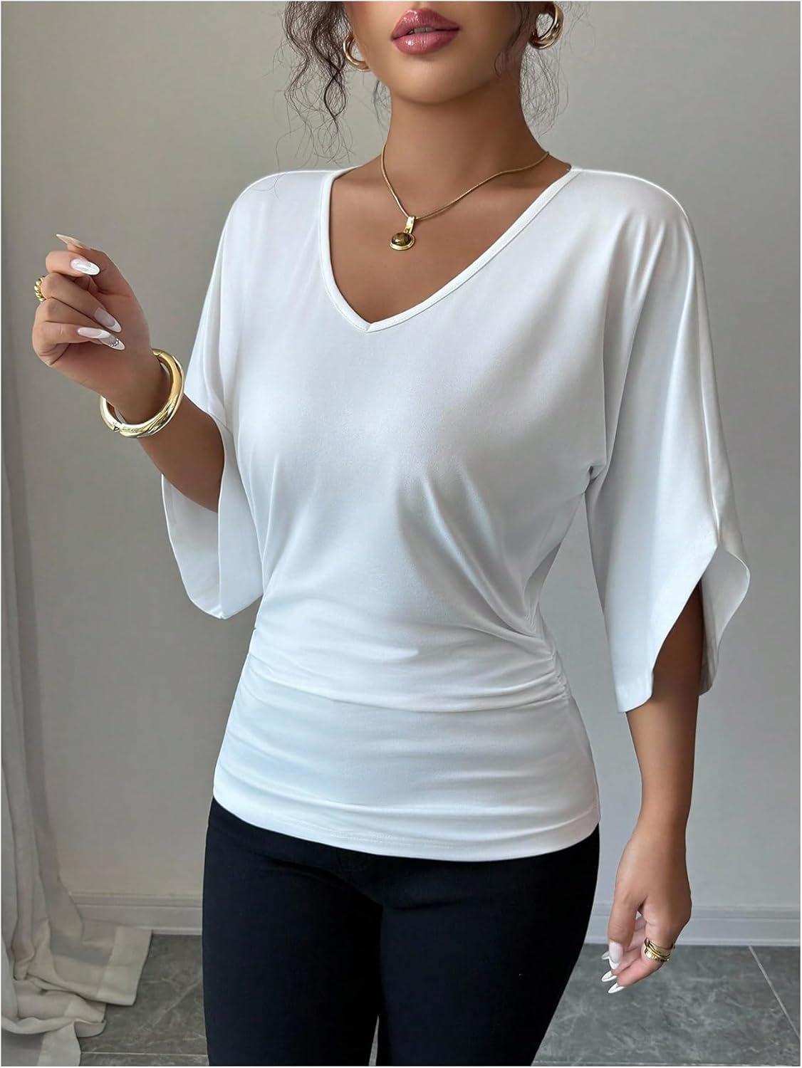 Condition photo showing New/Like New for RoseSeek Women's Dolman Sleeve V Neck T Shirts Fitted Ruched Dressy Tee Work Tops Summer Clothes Small White