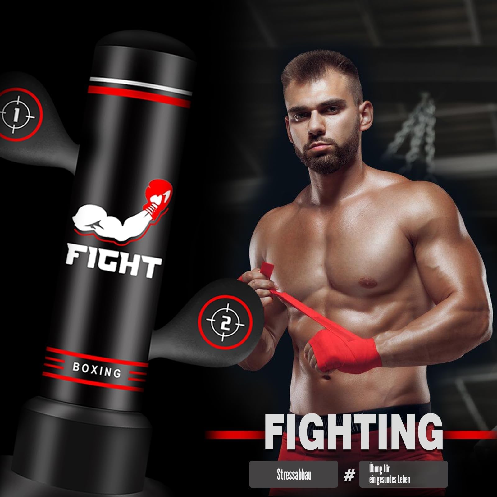 NZQXJXZ Verbesserter Boxsack Stehend für Erwachsene, 180cm Schwerer Boxsack mit Boxhandschuhen, Pumpe, Springseil und Reflexball, aufblasbarer Standboxsack für Männer zum Training von MMA, Fitness