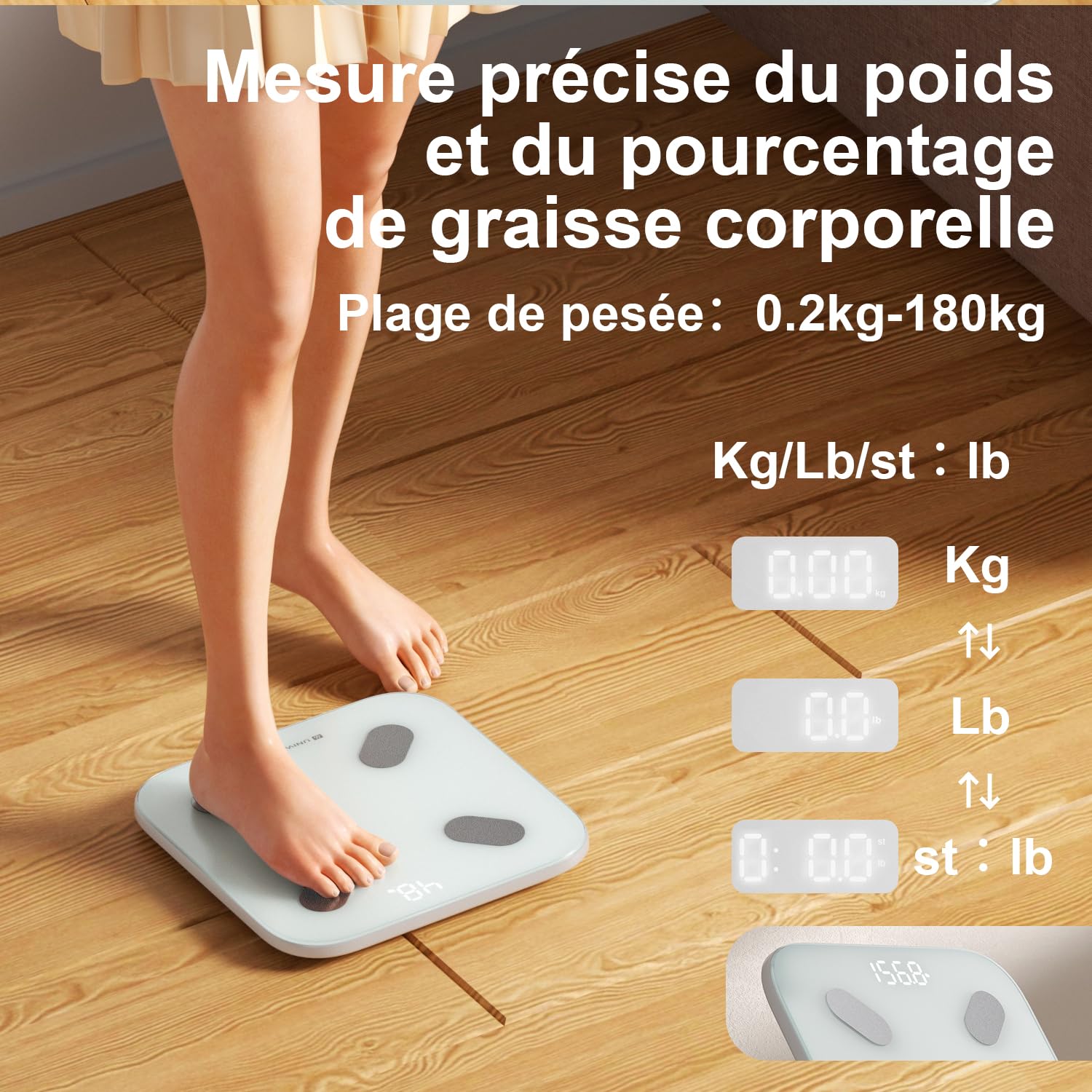 UNIWEIGH Balance intelligente pour le poids corporel,Balance de graisse corporelle Bluetooth pour salle de bain Moniteurs de composition avec APP,Analyseur pour IMC,masse musculaire,protéine,Max 400lb
