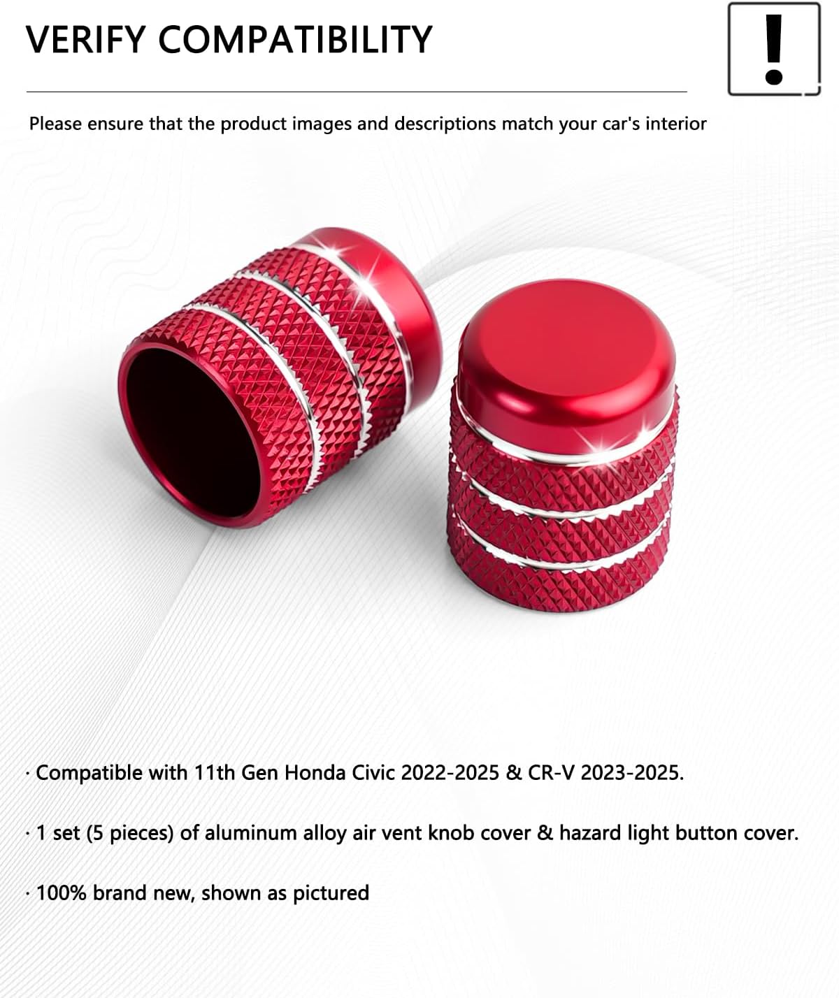 Interior Accessories for Honda Civic 2022-2025 & CRV & Acura Integra 2023-2025, 5pcs Aluminum Alloy Trim Set - Hazard Warning Light Button Cover, Air Vents Outlet Knob Covers (Red)